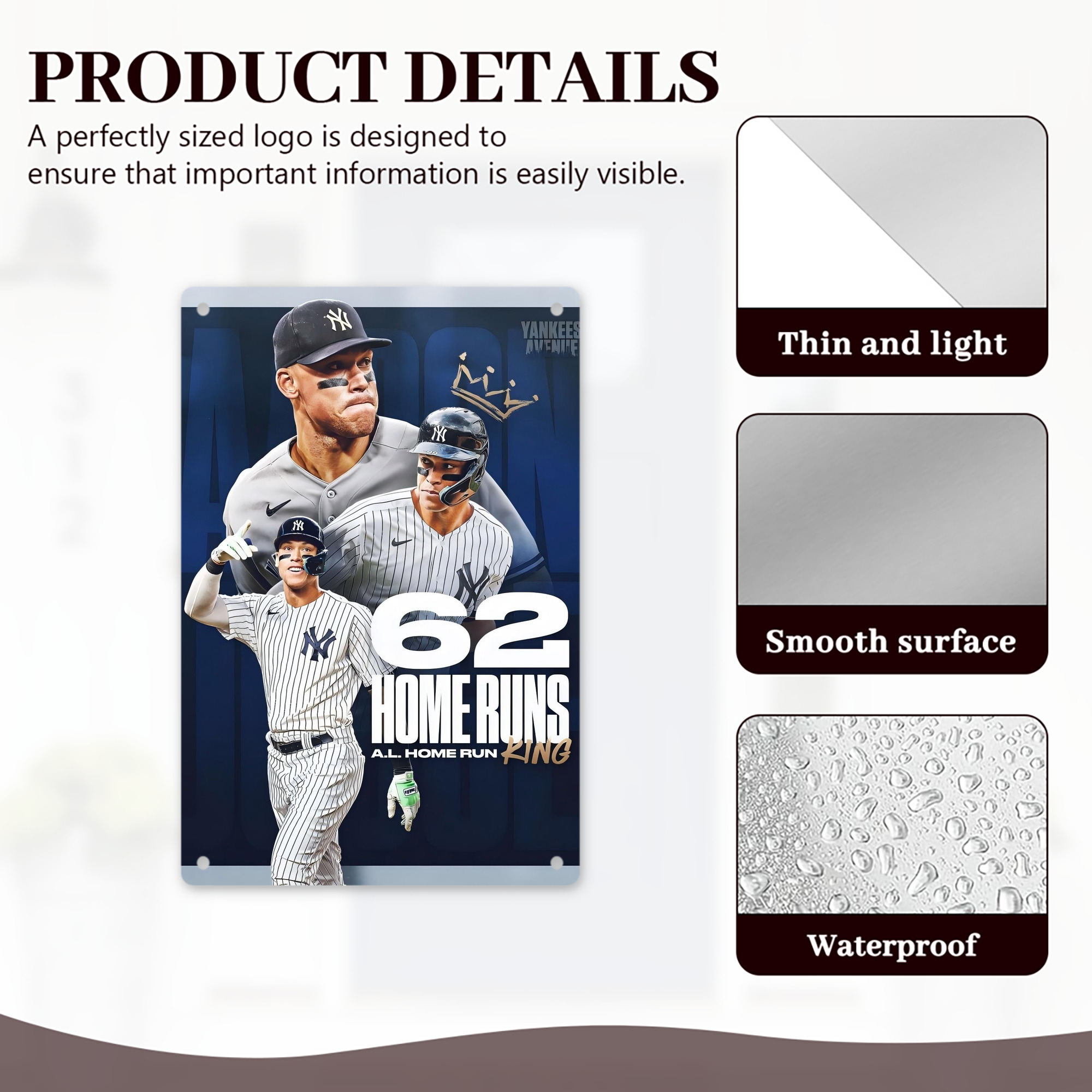 Aaron Judge 62 Home Runs AL Home Run King 8x12inch Vertical Aluminum Sign - Durable Fade-Resistant Indoor/Outdoor Safety & Information Plaque For Office, Hotel, Restaurant, Bar, Public Spaces