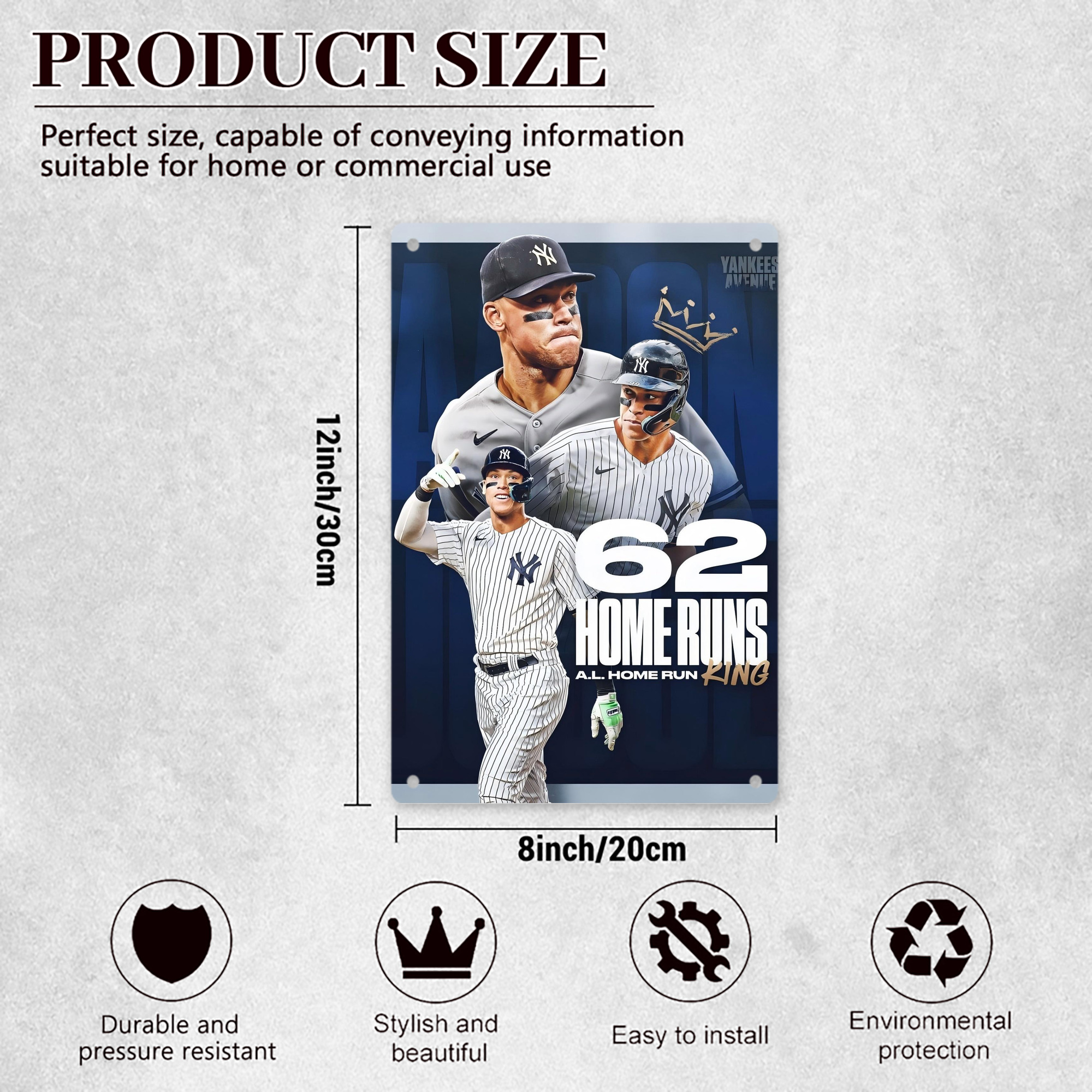 Aaron Judge 62 Home Runs AL Home Run King 8x12inch Vertical Aluminum Sign - Durable Fade-Resistant Indoor/Outdoor Safety & Information Plaque For Office, Hotel, Restaurant, Bar, Public Spaces