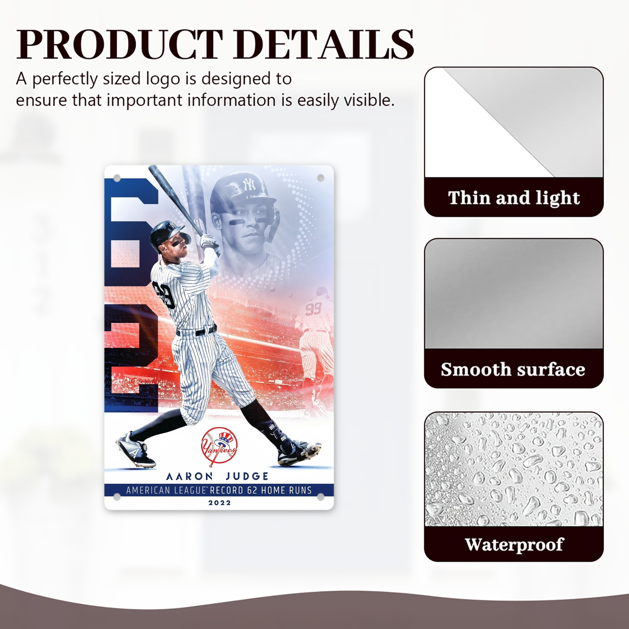 Aaron Judge 62nd Home Run 8x12inch Vertical Aluminum Sign - Durable Fade-Resistant Indoor/Outdoor Safety & Information Plaque For Office, Hotel, Restaurant, Bar, Public Spaces