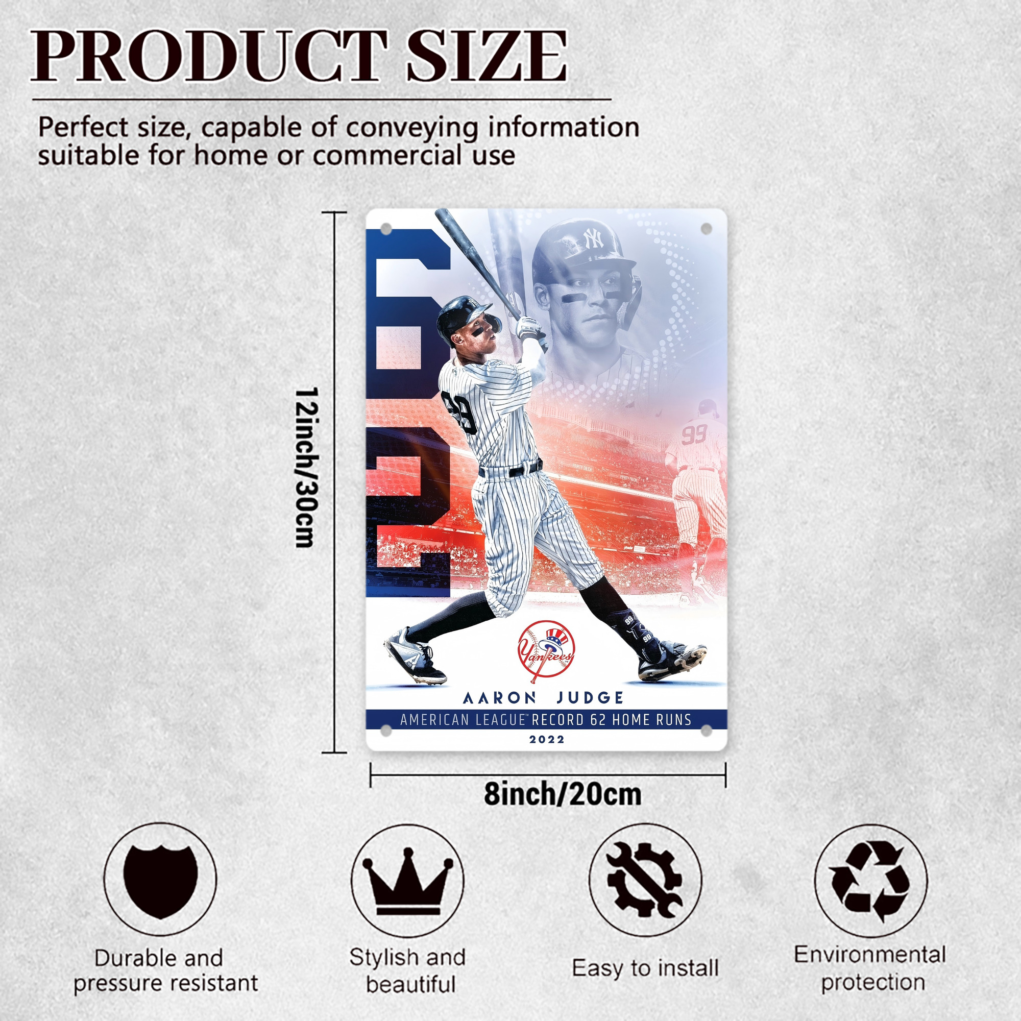 Aaron Judge 62nd Home Run 8x12inch Vertical Aluminum Sign - Durable Fade-Resistant Indoor/Outdoor Safety & Information Plaque For Office, Hotel, Restaurant, Bar, Public Spaces