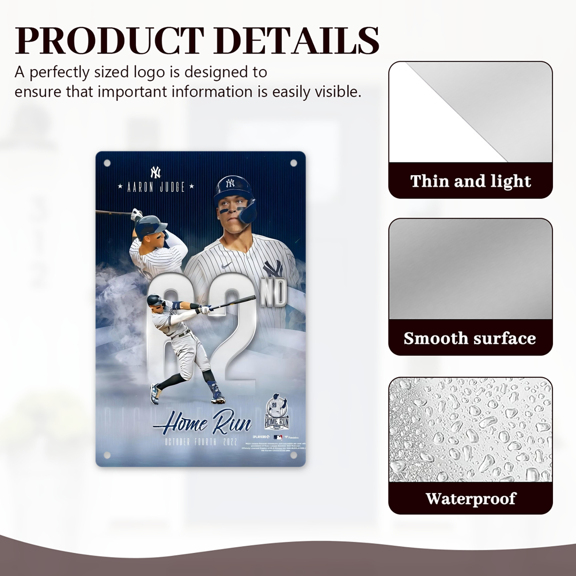 Aaron Judge 62nd Home Run 10.4.2022 8x12inch Vertical Aluminum Sign - Durable Fade-Resistant Indoor/Outdoor Safety & Information Plaque For Office, Hotel, Restaurant, Bar, Public Spaces
