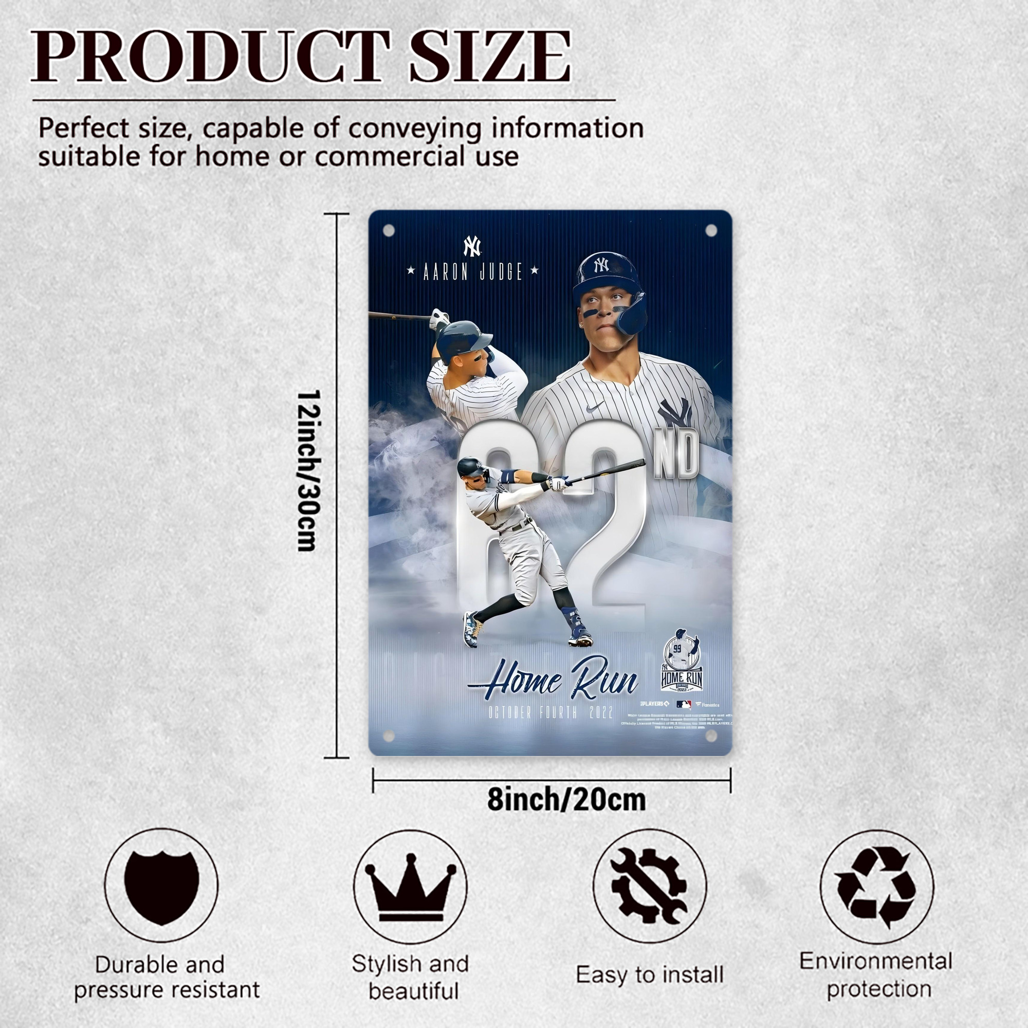 Aaron Judge 62nd Home Run 10.4.2022 8x12inch Vertical Aluminum Sign - Durable Fade-Resistant Indoor/Outdoor Safety & Information Plaque For Office, Hotel, Restaurant, Bar, Public Spaces