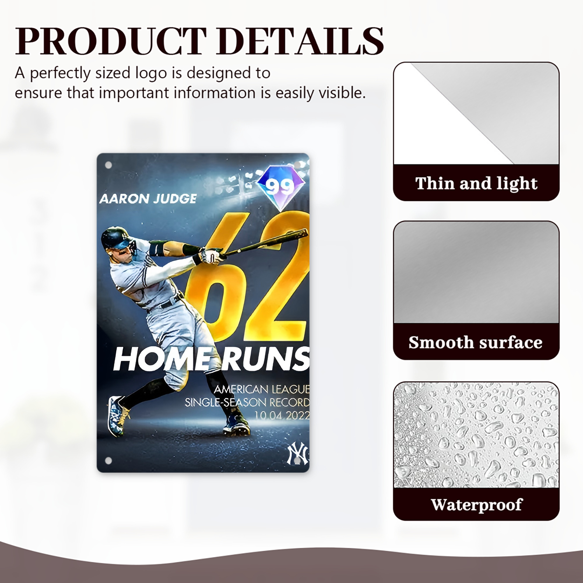 Aaron Judge 62nd Home Run Milestone 8x12inch Vertical Aluminum Sign - Durable Fade-Resistant Indoor/Outdoor Safety & Information Plaque For Office, Hotel, Restaurant, Bar, Public Spaces