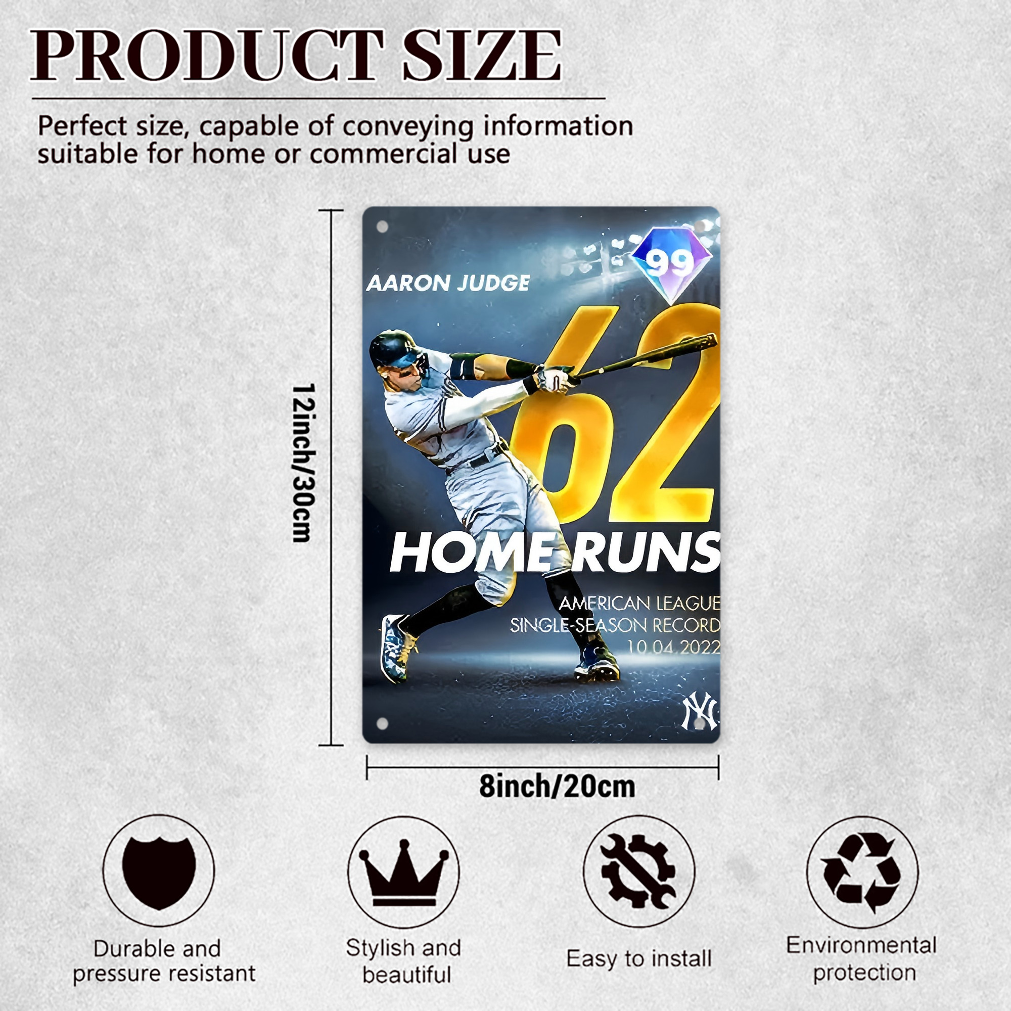 Aaron Judge 62nd Home Run Milestone 8x12inch Vertical Aluminum Sign - Durable Fade-Resistant Indoor/Outdoor Safety & Information Plaque For Office, Hotel, Restaurant, Bar, Public Spaces