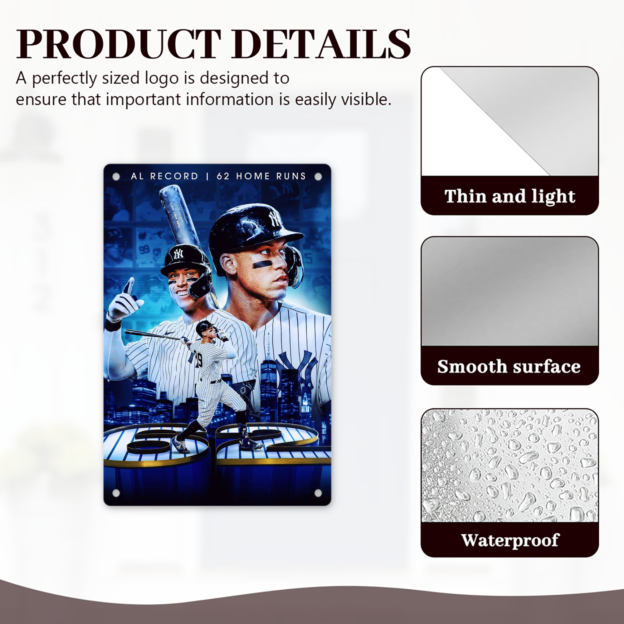 Aaron Judge AL Record 62 Home Runs 8x12inch Vertical Aluminum Sign - Durable Fade-Resistant Indoor/Outdoor Safety & Information Plaque For Office, Hotel, Restaurant, Bar, Public Spaces