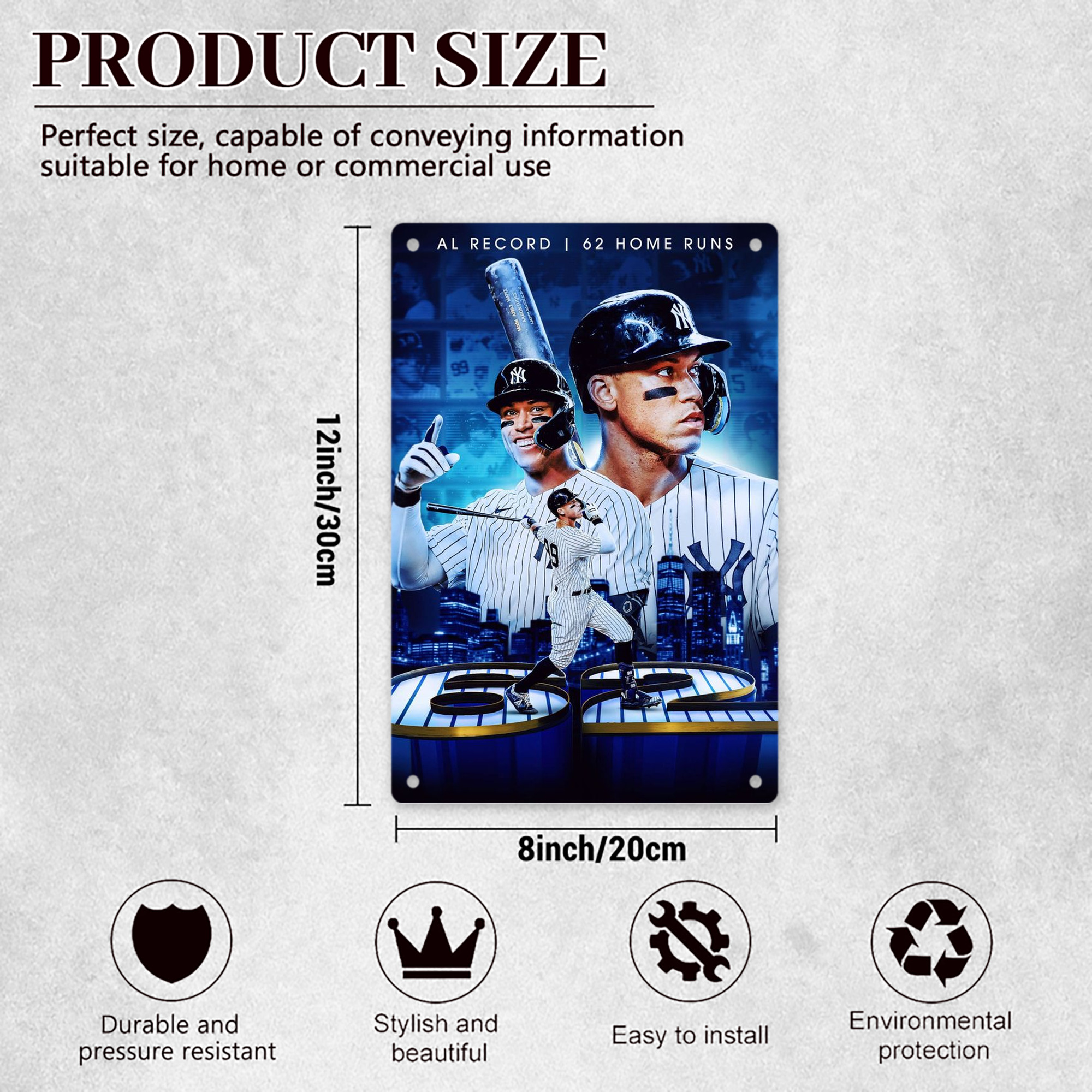 Aaron Judge AL Record 62 Home Runs 8x12inch Vertical Aluminum Sign - Durable Fade-Resistant Indoor/Outdoor Safety & Information Plaque For Office, Hotel, Restaurant, Bar, Public Spaces