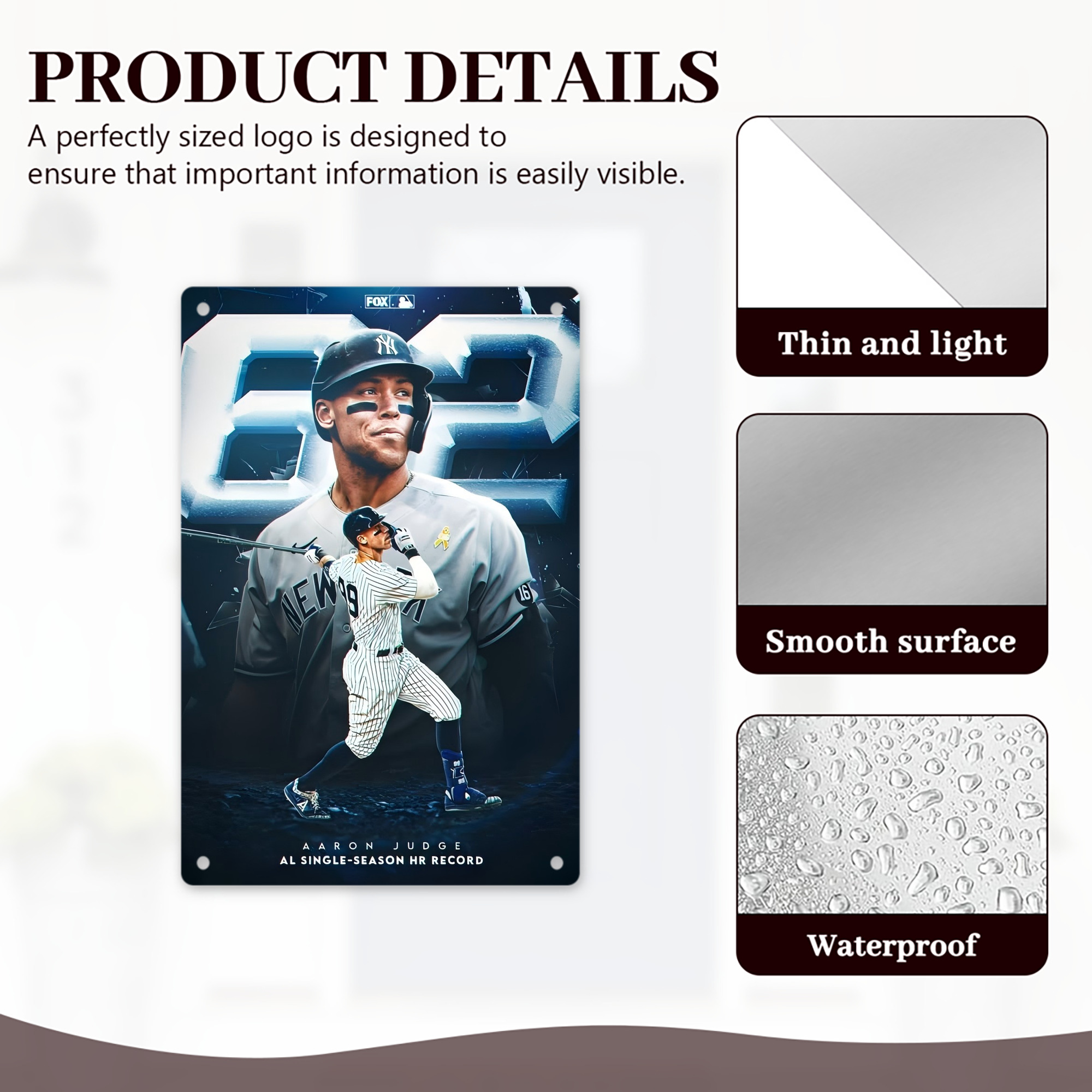 Aaron Judge AL Single Season 62  Home Run Record 8x12inch Vertical Aluminum Sign - Durable Fade-Resistant Indoor/Outdoor Safety & Information Plaque For Office, Hotel, Restaurant, Bar, Public Spaces