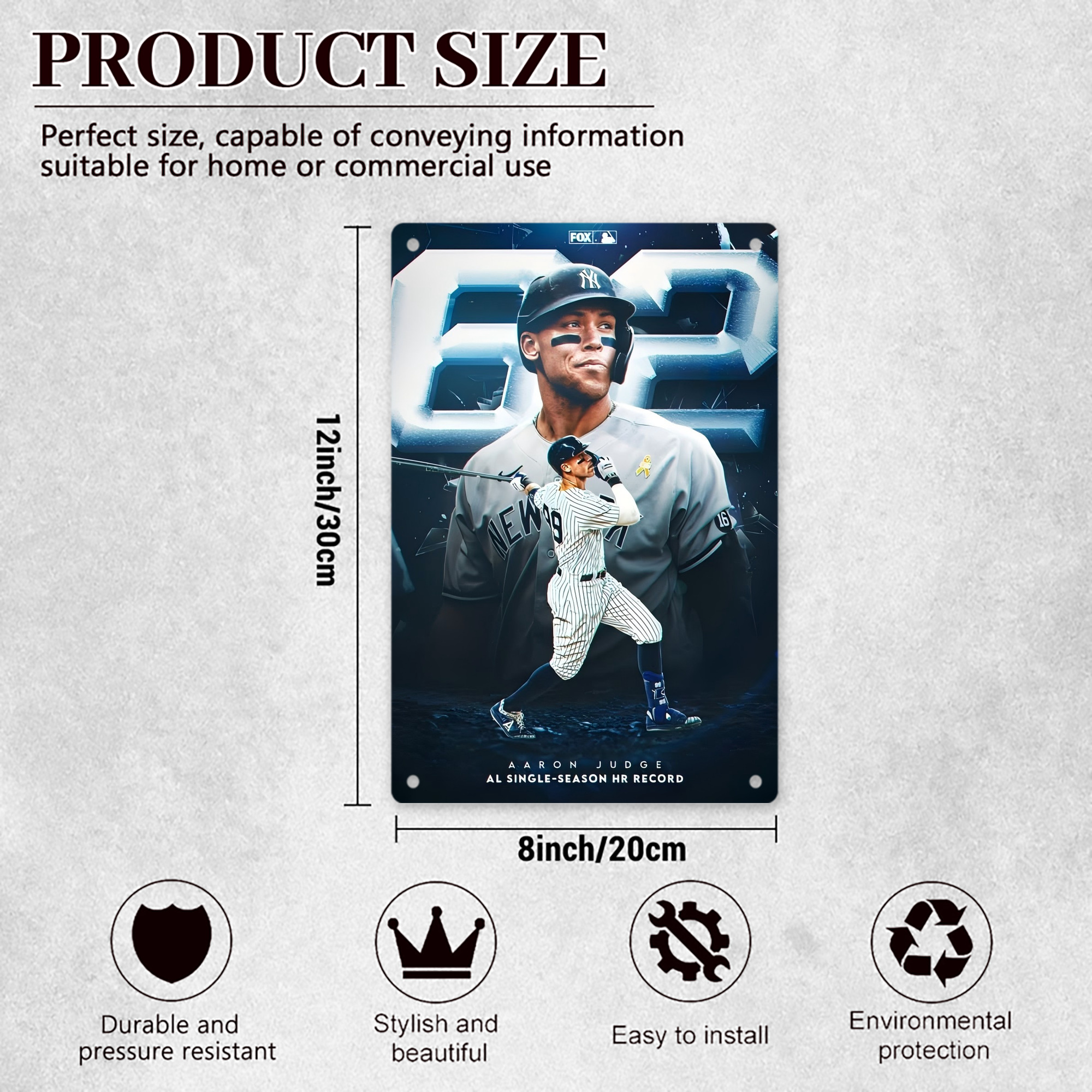 Aaron Judge AL Single Season 62  Home Run Record 8x12inch Vertical Aluminum Sign - Durable Fade-Resistant Indoor/Outdoor Safety & Information Plaque For Office, Hotel, Restaurant, Bar, Public Spaces