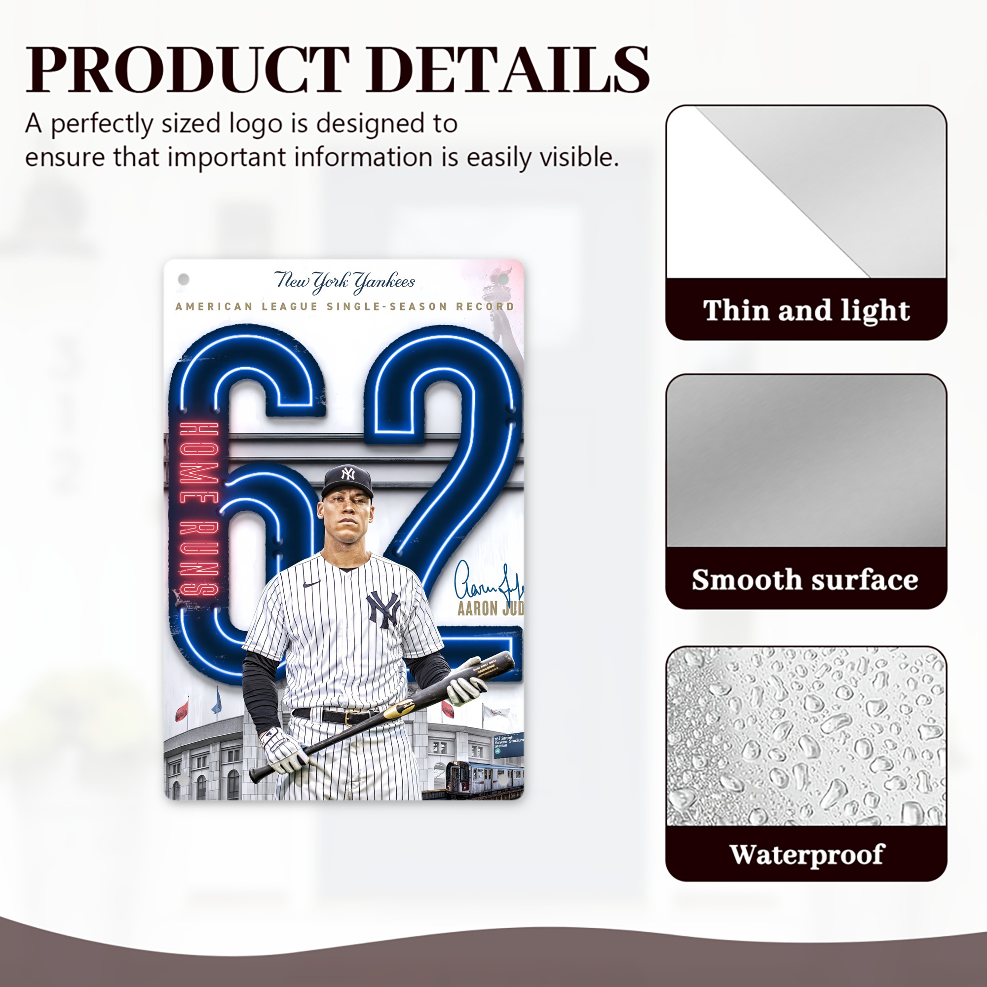 Aaron Judge AL Single Season 62  Home Run Record 8x12inch Vertical Aluminum Sign - Durable Fade-Resistant Indoor/Outdoor Safety & Information Plaque For Office, Hotel, Restaurant, Bar, Public Spaces