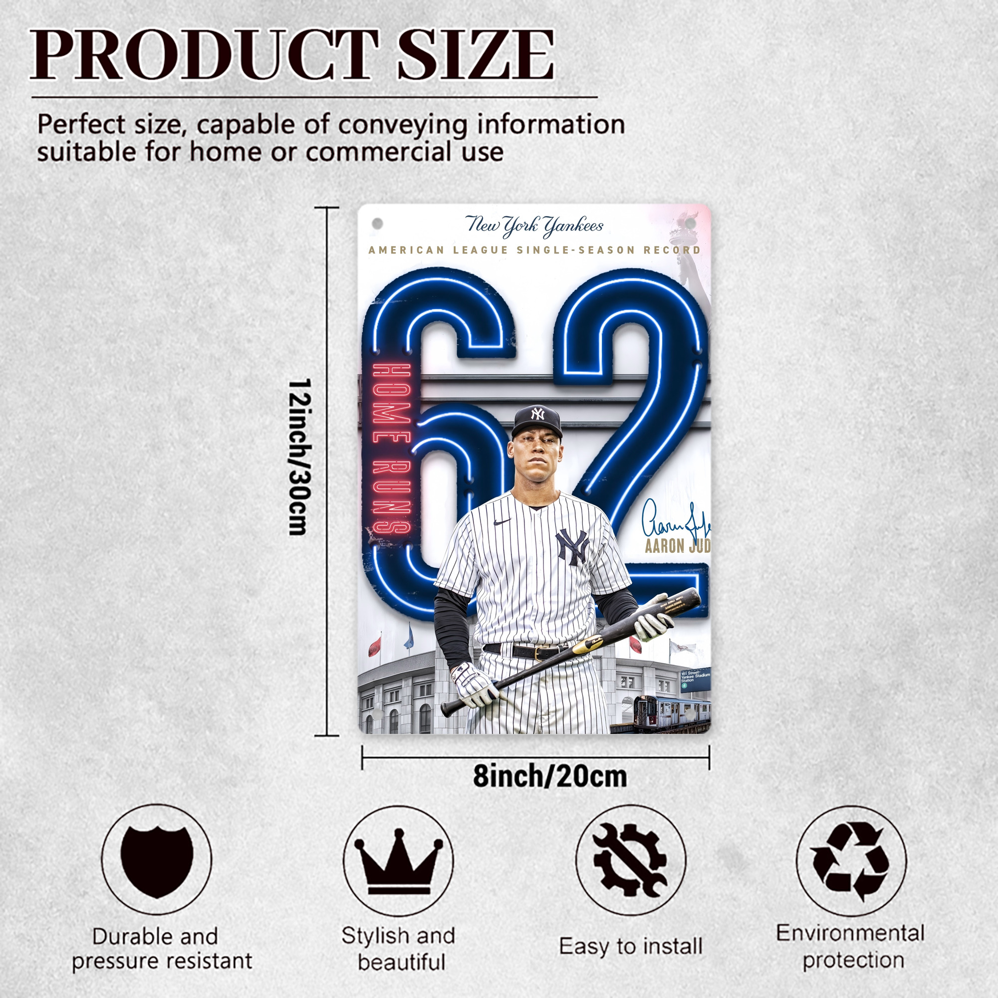 Aaron Judge AL Single Season 62  Home Run Record 8x12inch Vertical Aluminum Sign - Durable Fade-Resistant Indoor/Outdoor Safety & Information Plaque For Office, Hotel, Restaurant, Bar, Public Spaces