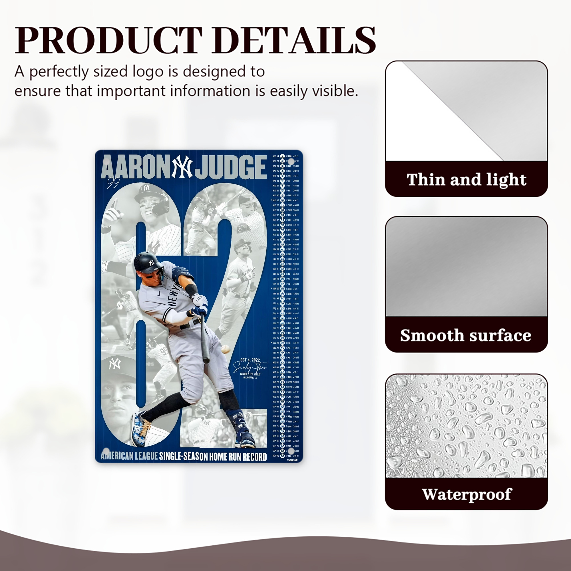 Aaron Judge AL Single Season 62  Home Run Record 8x12inch Vertical Aluminum Sign - Durable Fade-Resistant Indoor/Outdoor Safety & Information Plaque For Office, Hotel, Restaurant, Bar, Public Spaces