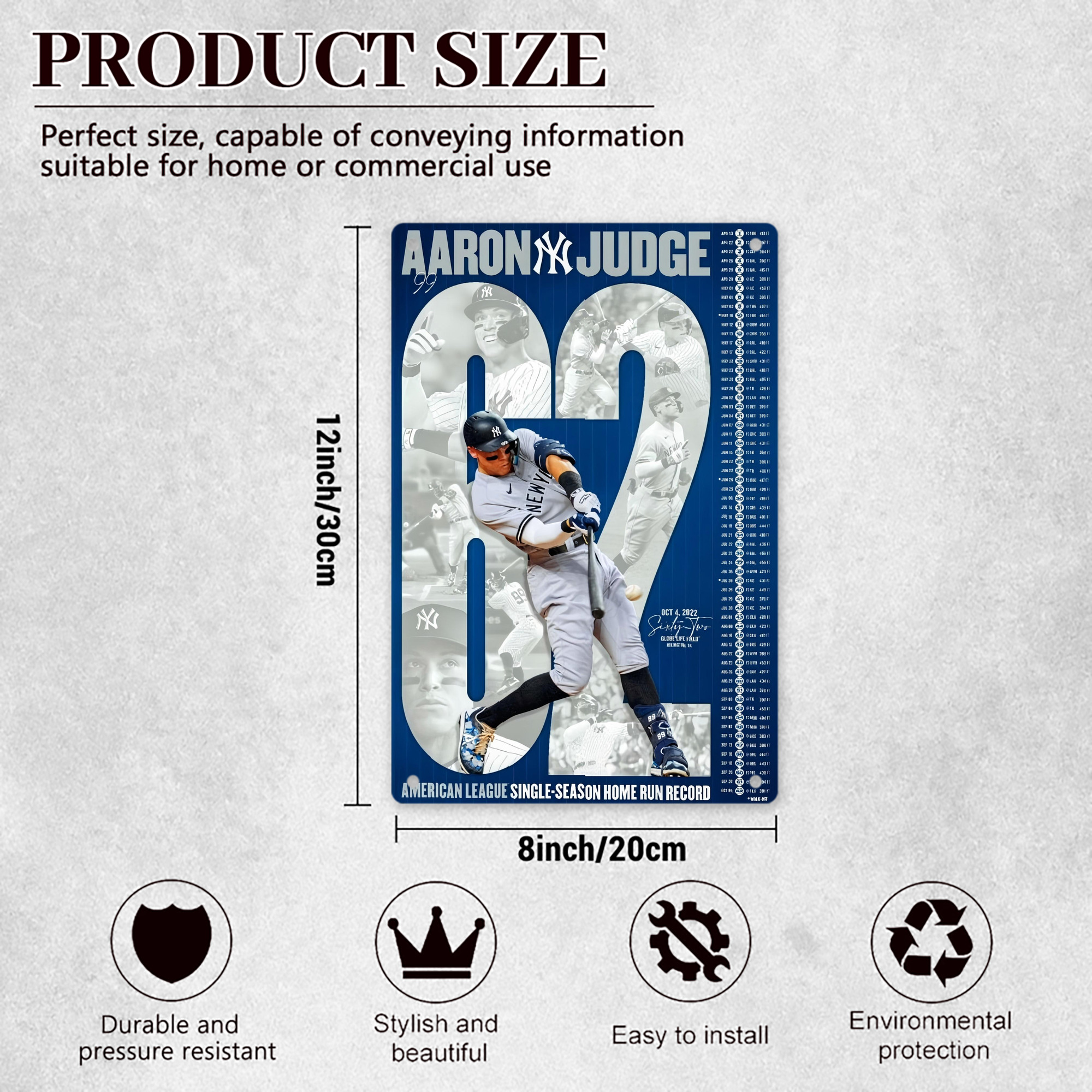 Aaron Judge AL Single Season 62  Home Run Record 8x12inch Vertical Aluminum Sign - Durable Fade-Resistant Indoor/Outdoor Safety & Information Plaque For Office, Hotel, Restaurant, Bar, Public Spaces