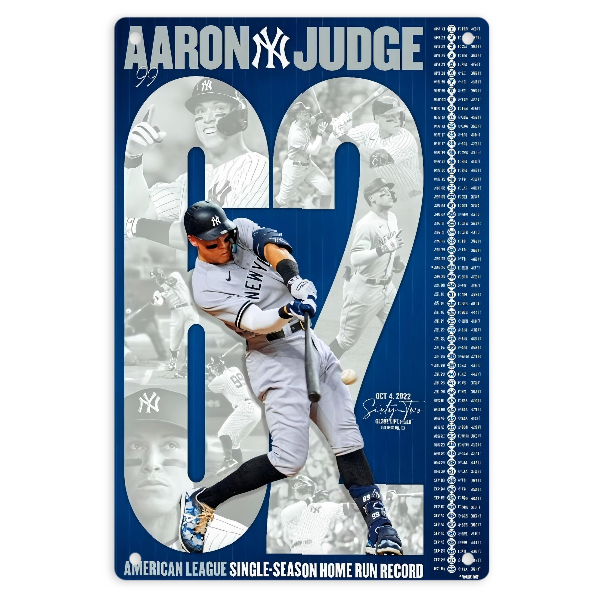 Aaron Judge AL Single Season 62  Home Run Record 8x12inch Vertical Aluminum Sign - Durable Fade-Resistant Indoor/Outdoor Safety & Information Plaque For Office, Hotel, Restaurant, Bar, Public Spaces
