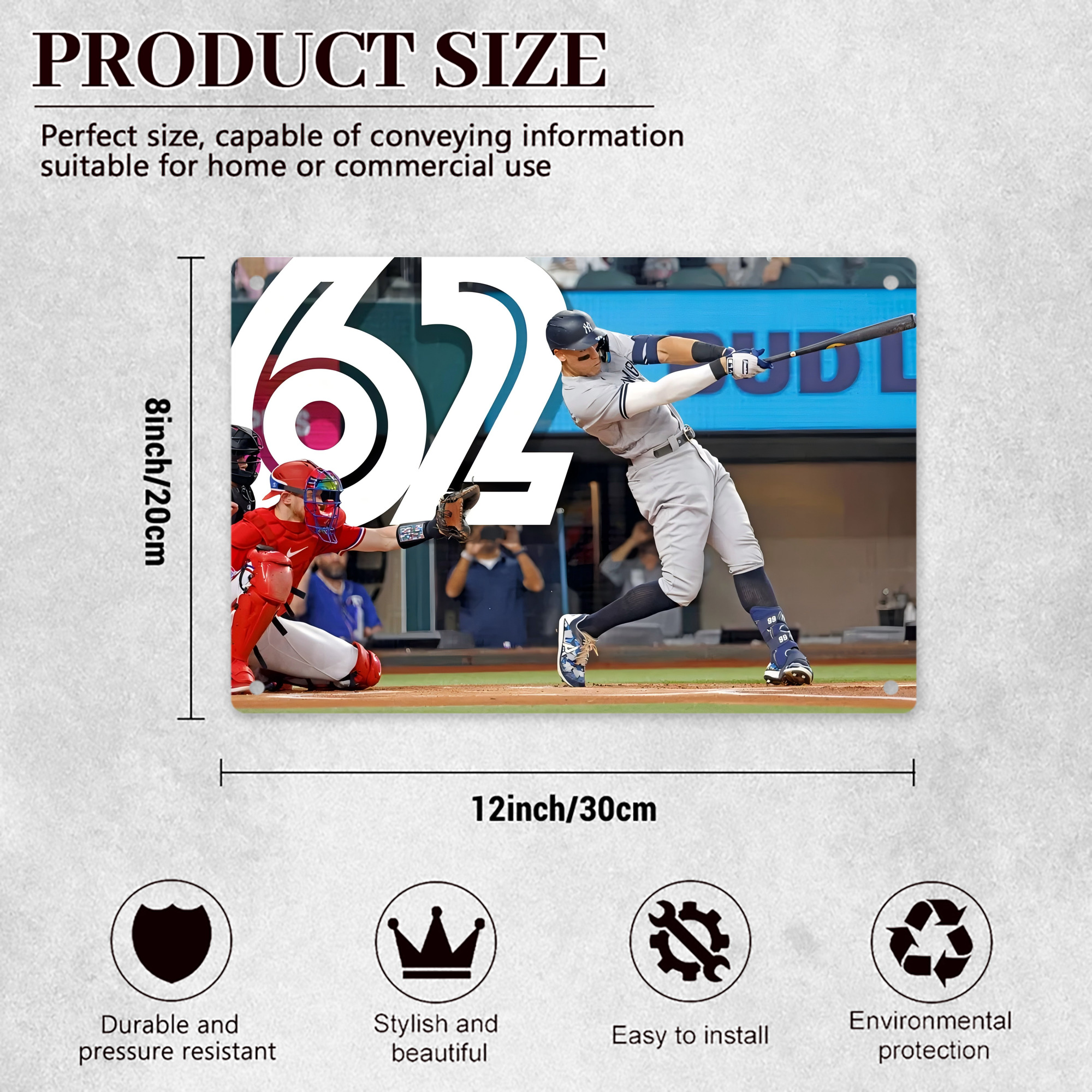 Aaron Judge 62nd Home Run Decorative Aluminum Plaque – Horizontal Design – Durable, Stylish, Easy To Install – Ideal For Home, Office, Bar, And More