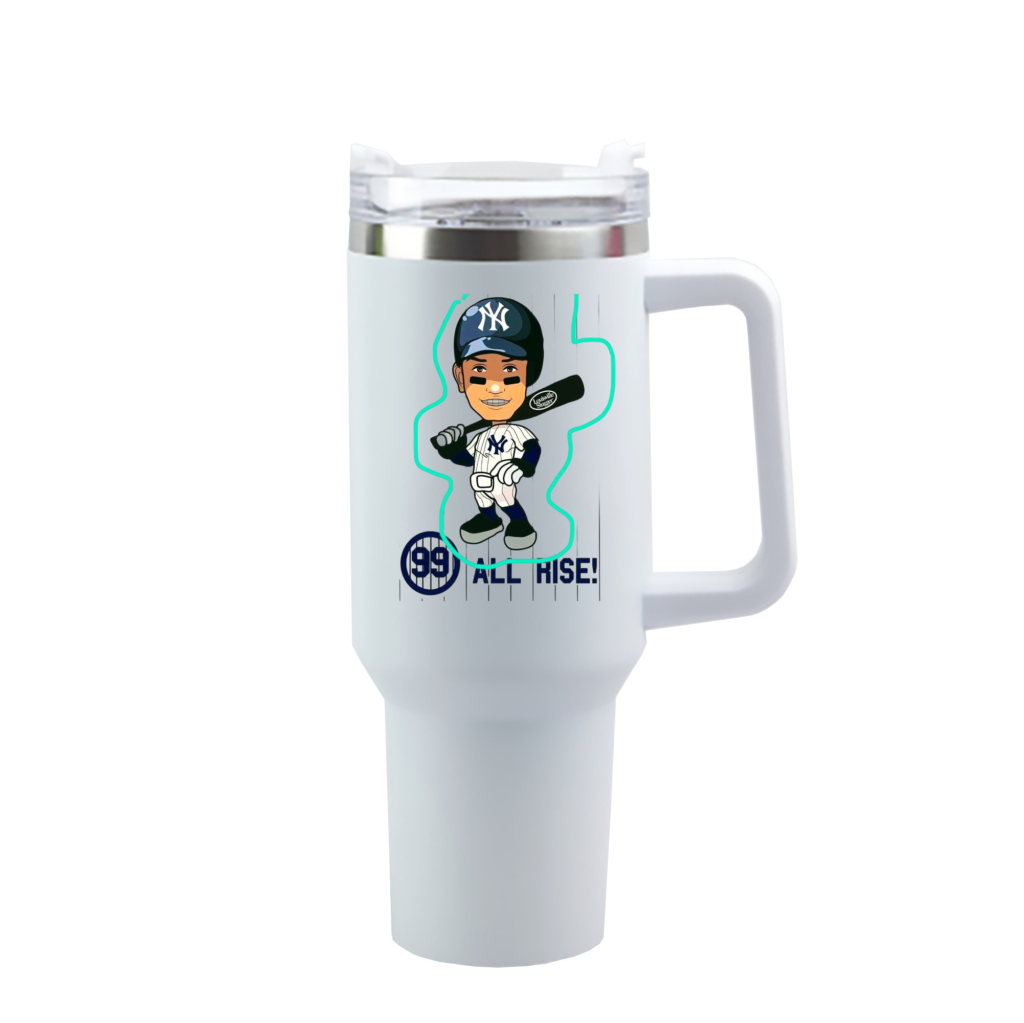 Aaron Judge 99 All Rise Cartoon 40oz Handle Car Cup With Crystal Sticker Design – Durable Stainless Steel Travel Mug With Reusable Straw – Double Wall Insulated