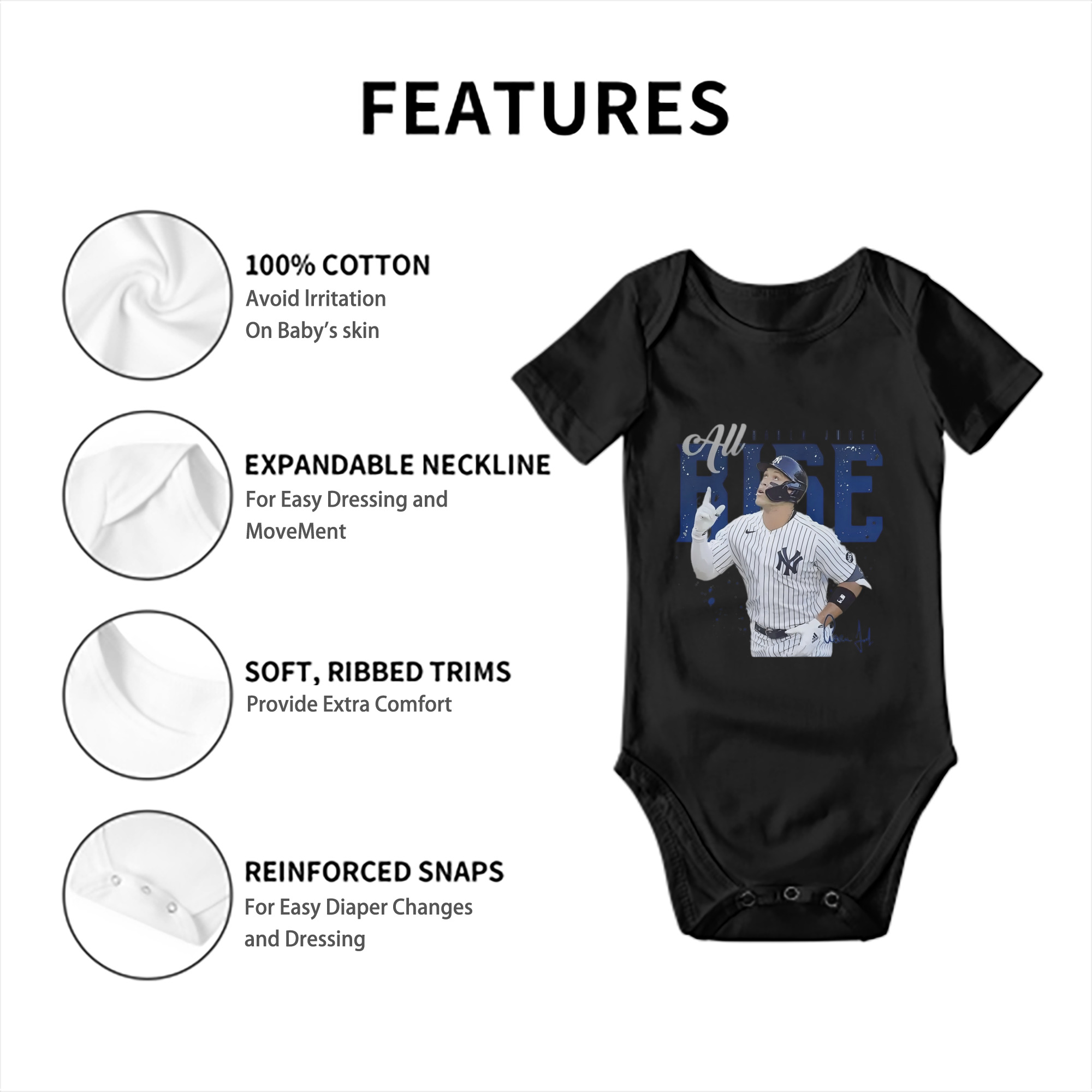 Aaron Judge 99 All Rise Baby Short Sleeve Romper – 100% Cotton Soft & Breathable Digital Print Onesie With Easy Snap Closure And Envelope Shoulder – Comfortable For Daily Wear & Travel
