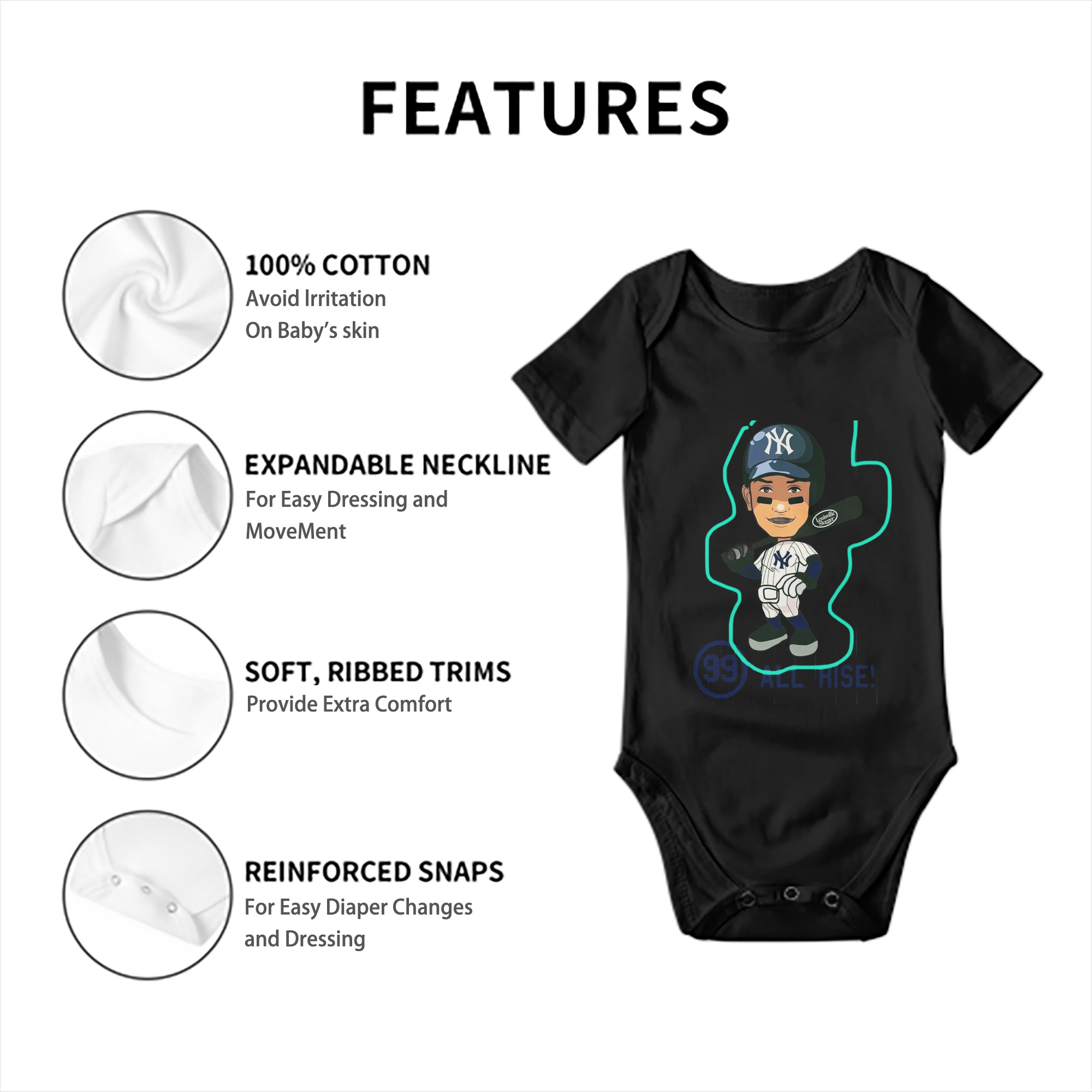 Aaron Judge 99 All Rise Cartoon Baby Short Sleeve Romper – 100% Cotton Soft & Breathable Digital Print Onesie With Easy Snap Closure And Envelope Shoulder – Comfortable For Daily Wear & Travel