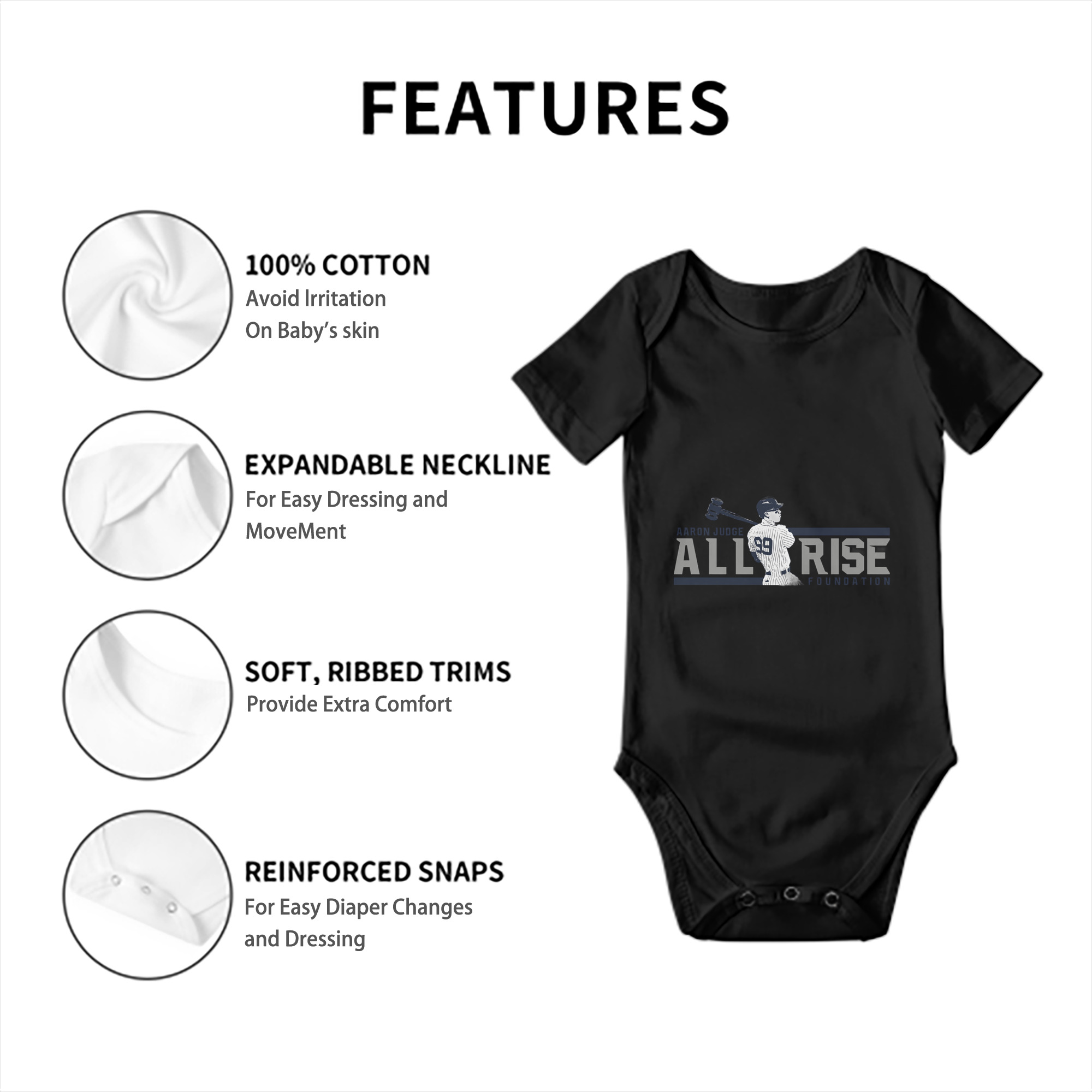 Aaron Judge All Rise Foundation Logo Baby Short Sleeve Romper – 100% Cotton Soft & Breathable Digital Print Onesie With Easy Snap Closure And Envelope Shoulder – Comfortable For Daily Wear & Travel