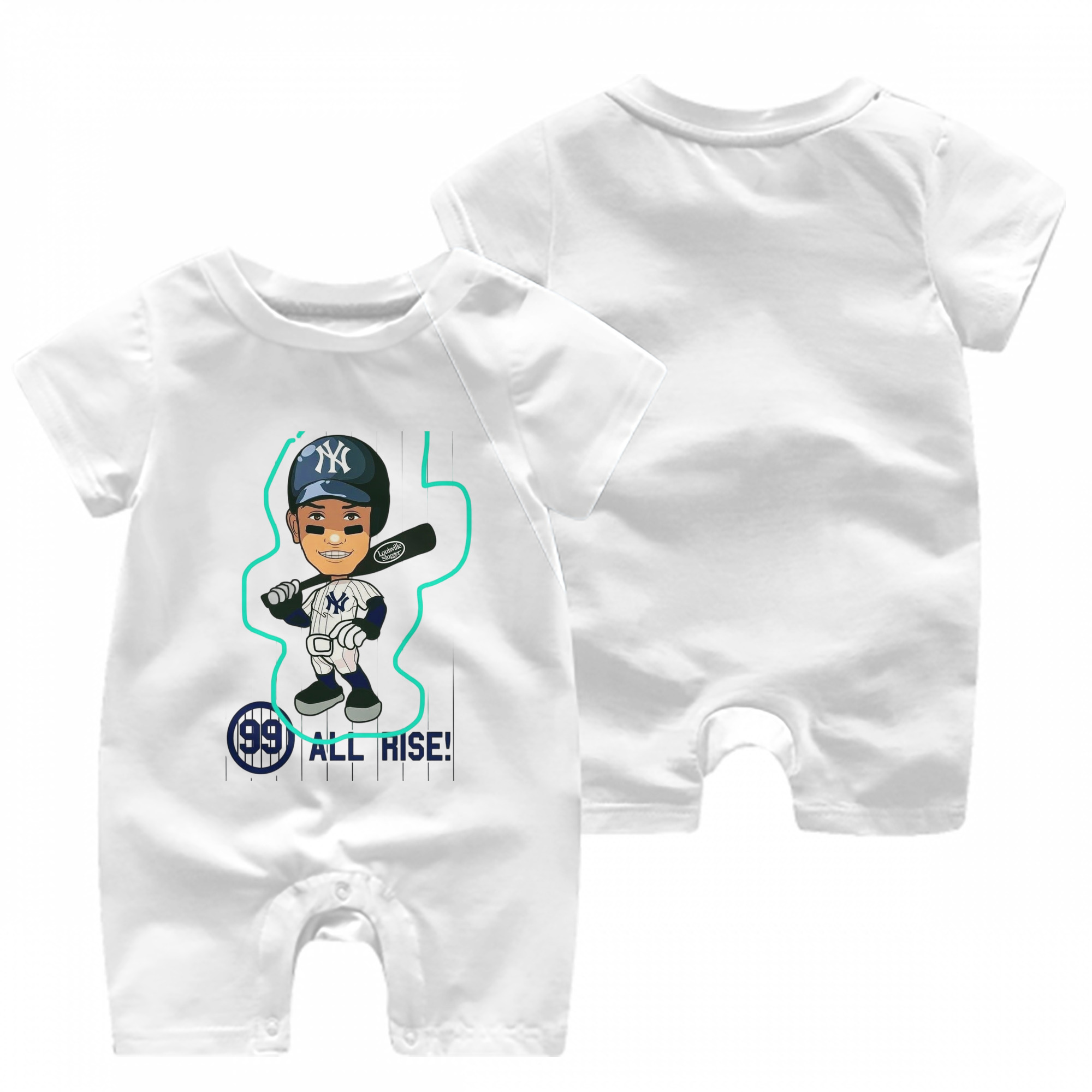 Aaron Judge 99 All Rise Cartoon Baby Short Sleeve Onesie – 100% Cotton Soft & Breathable Digital Print Romper – Double-Sided Print, Snap Closure For Easy Diaper Changes – Comfortable For Boys & Girls