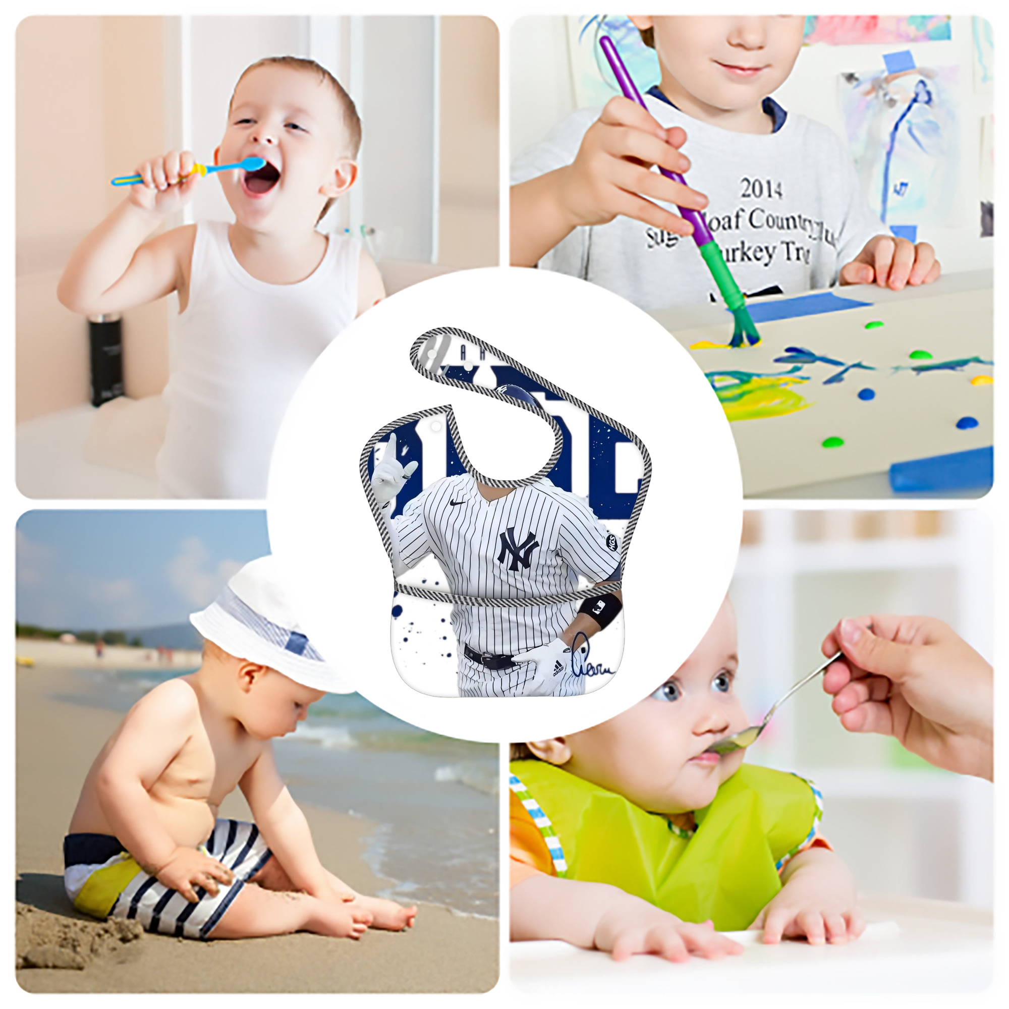 Aaron Judge 99 All Rise Adjustable Waterproof Toddler Bib – Full-Print Durable Polyester – Foldable Crumb Pocket – Easy Snap Closure – Soft