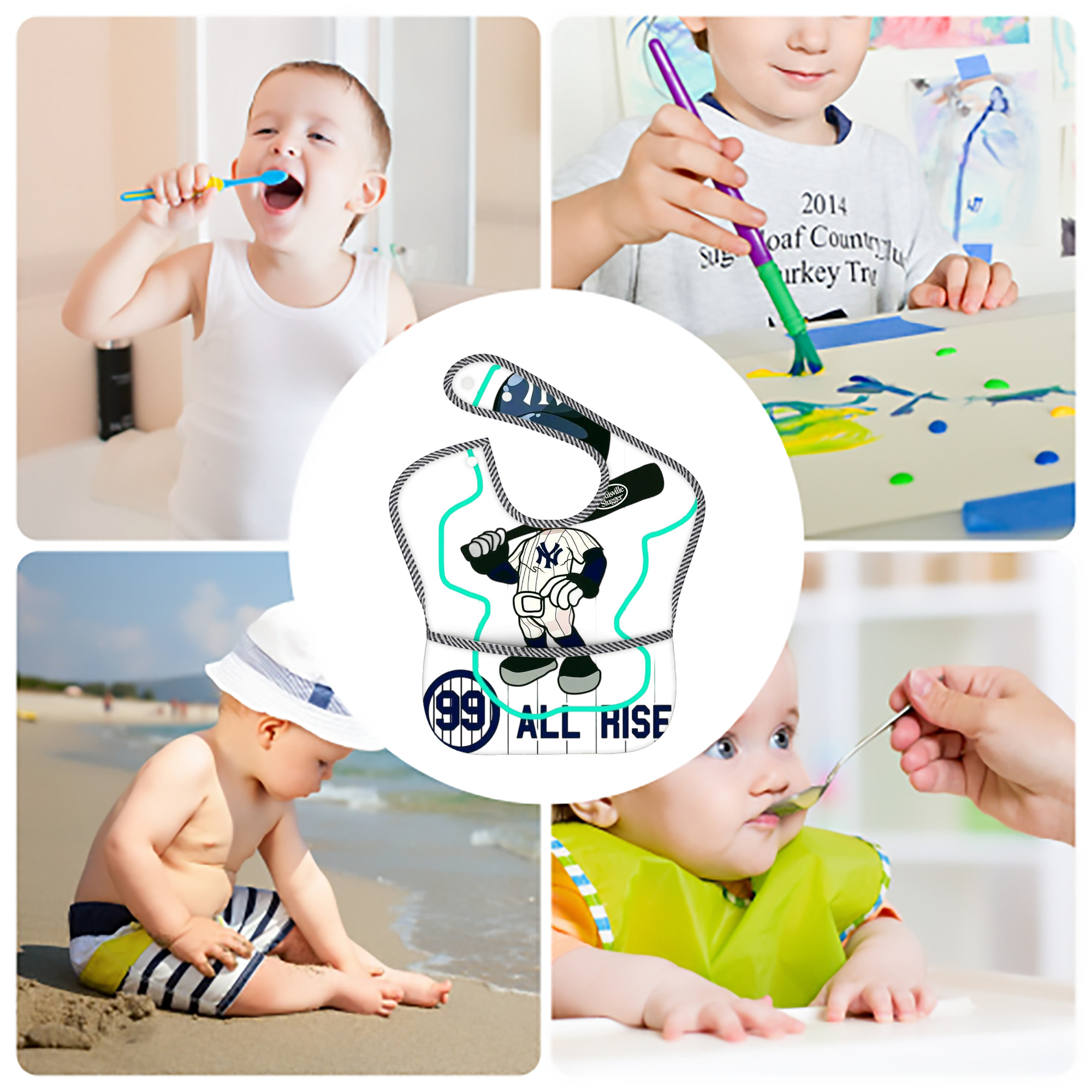 Aaron Judge 99 All Rise Cartoon Adjustable Waterproof Toddler Bib – Full-Print Durable Polyester – Foldable Crumb Pocket – Easy Snap Closure – Soft