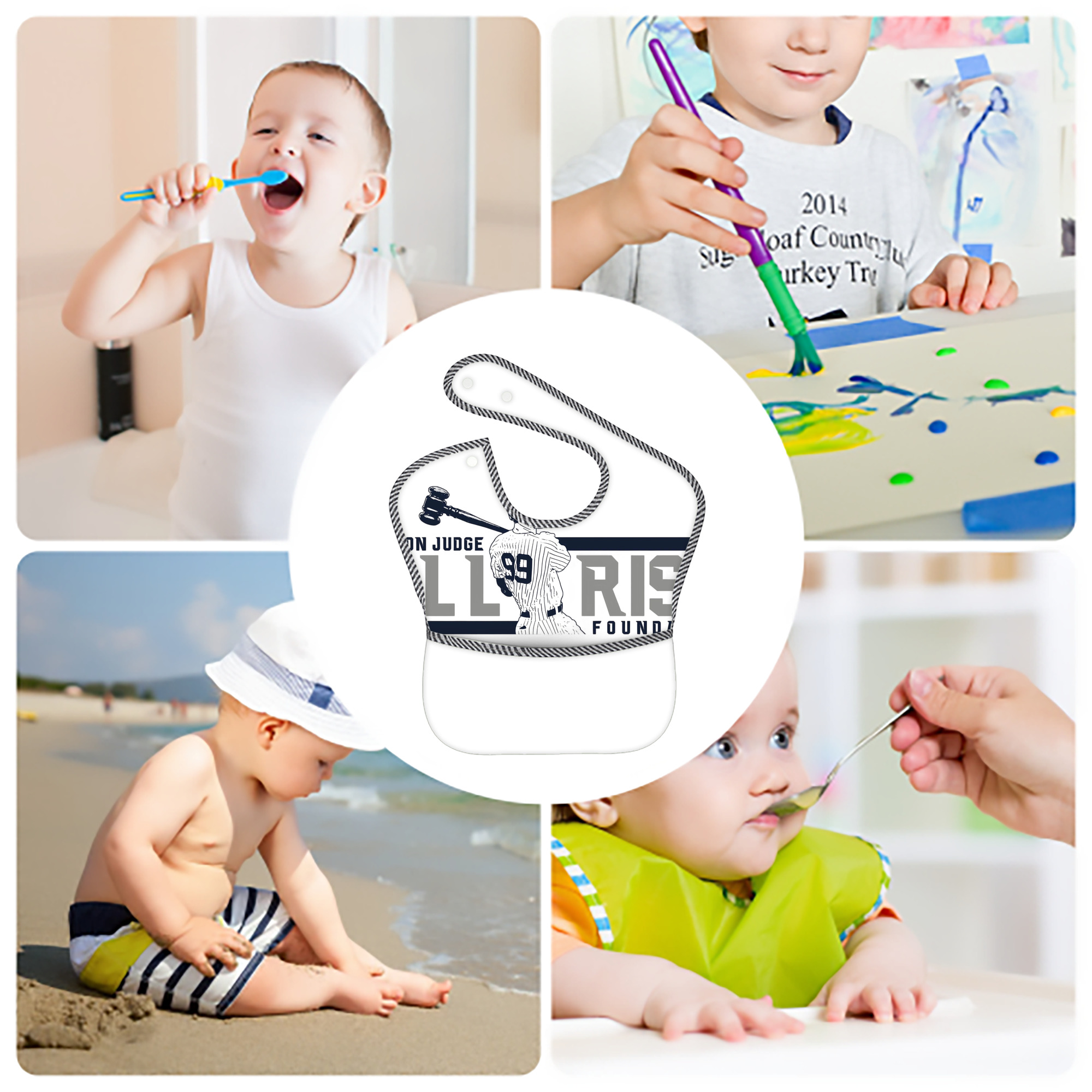 Aaron Judge All Rise Foundation Logo Adjustable Waterproof Toddler Bib – Full-Print Durable Polyester – Foldable Crumb Pocket – Easy Snap Closure – Soft