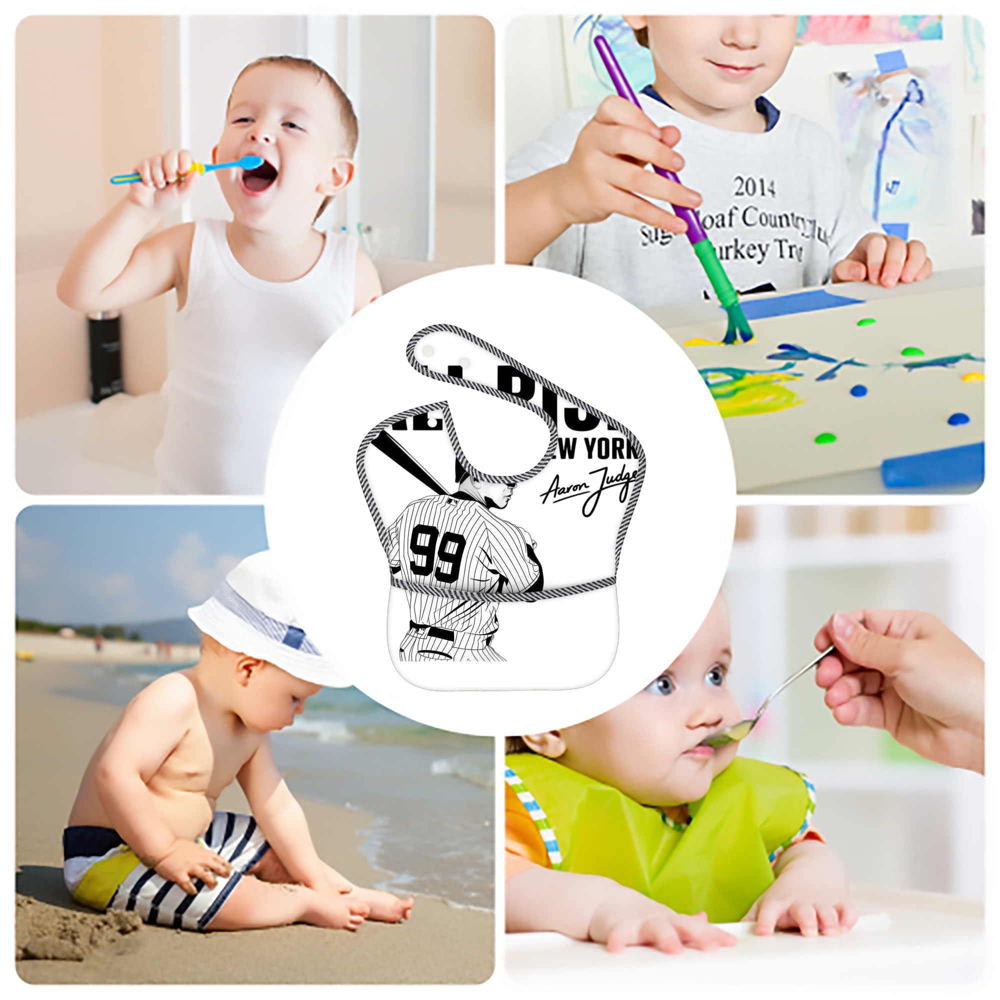 All Rise New York Aaron Judge 99 Adjustable Waterproof Toddler Bib – Full-Print Durable Polyester – Foldable Crumb Pocket – Easy Snap Closure – Soft