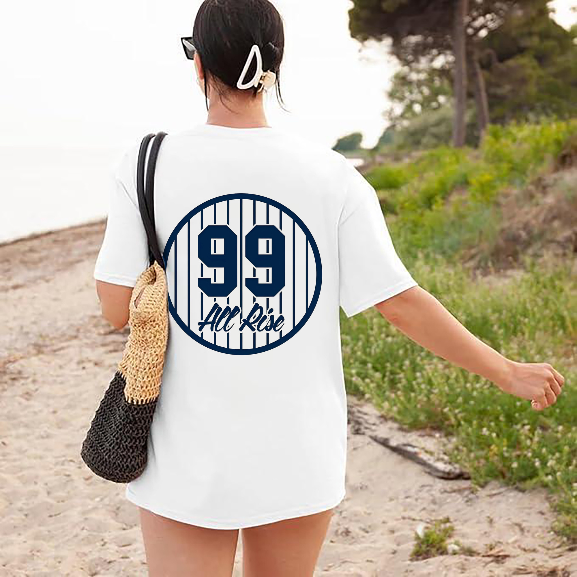 All Rice 99 Aaron Judge Pinstripe Number 180g Combed Cotton T-Shirt With Back Heat Transfer Print – Soft, Lightweight, Fitted Design – Stylish Casual Wear For Sports & Everyday Use