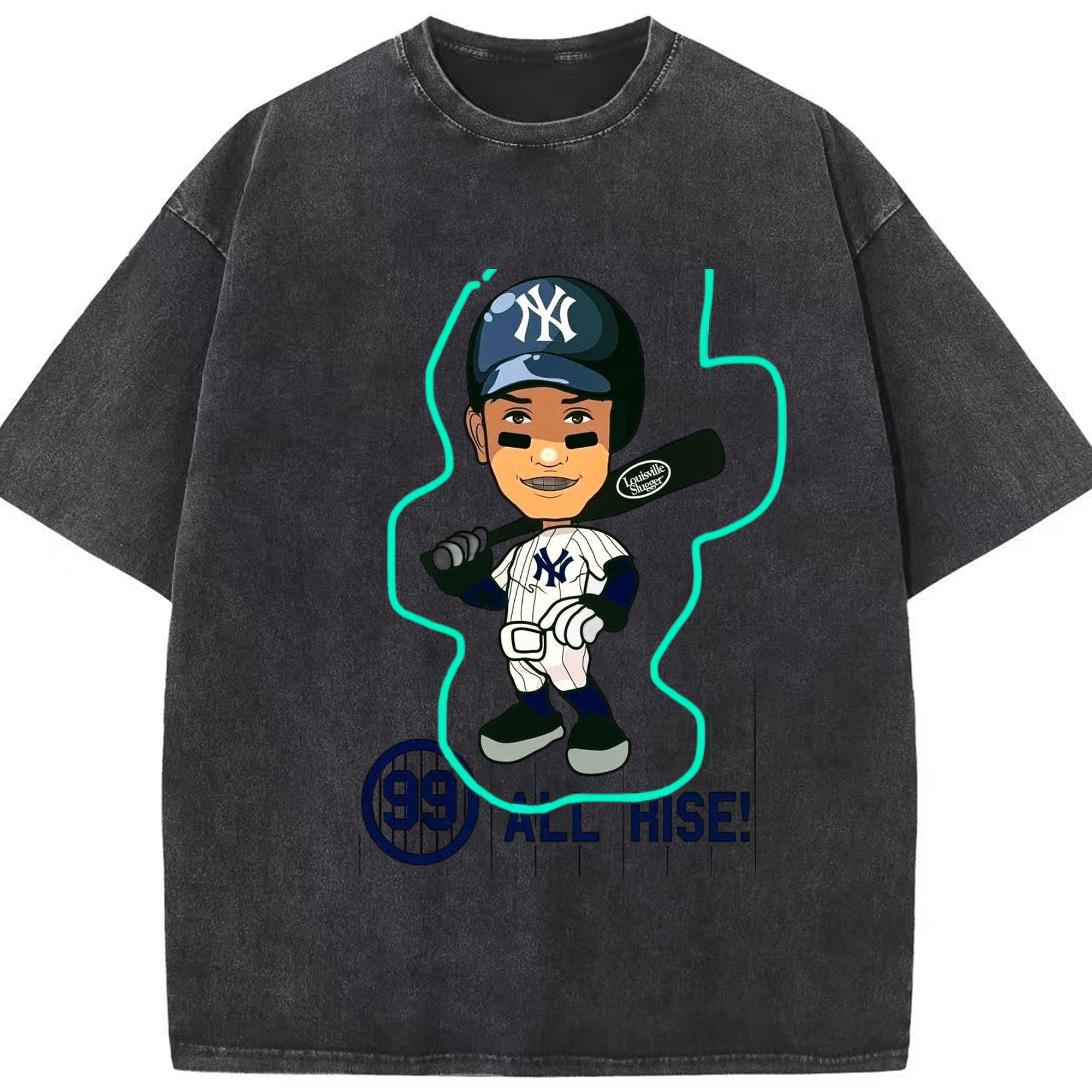 Aaron Judge 99 All Rise Cartoon Washed Vintage Look 230g Cotton Oversized T-Shirt With Front Heat Transfer Print – Soft, Lightweight, Stylish Fit – Comfortable Casual Wear For Sports & Everyday Use