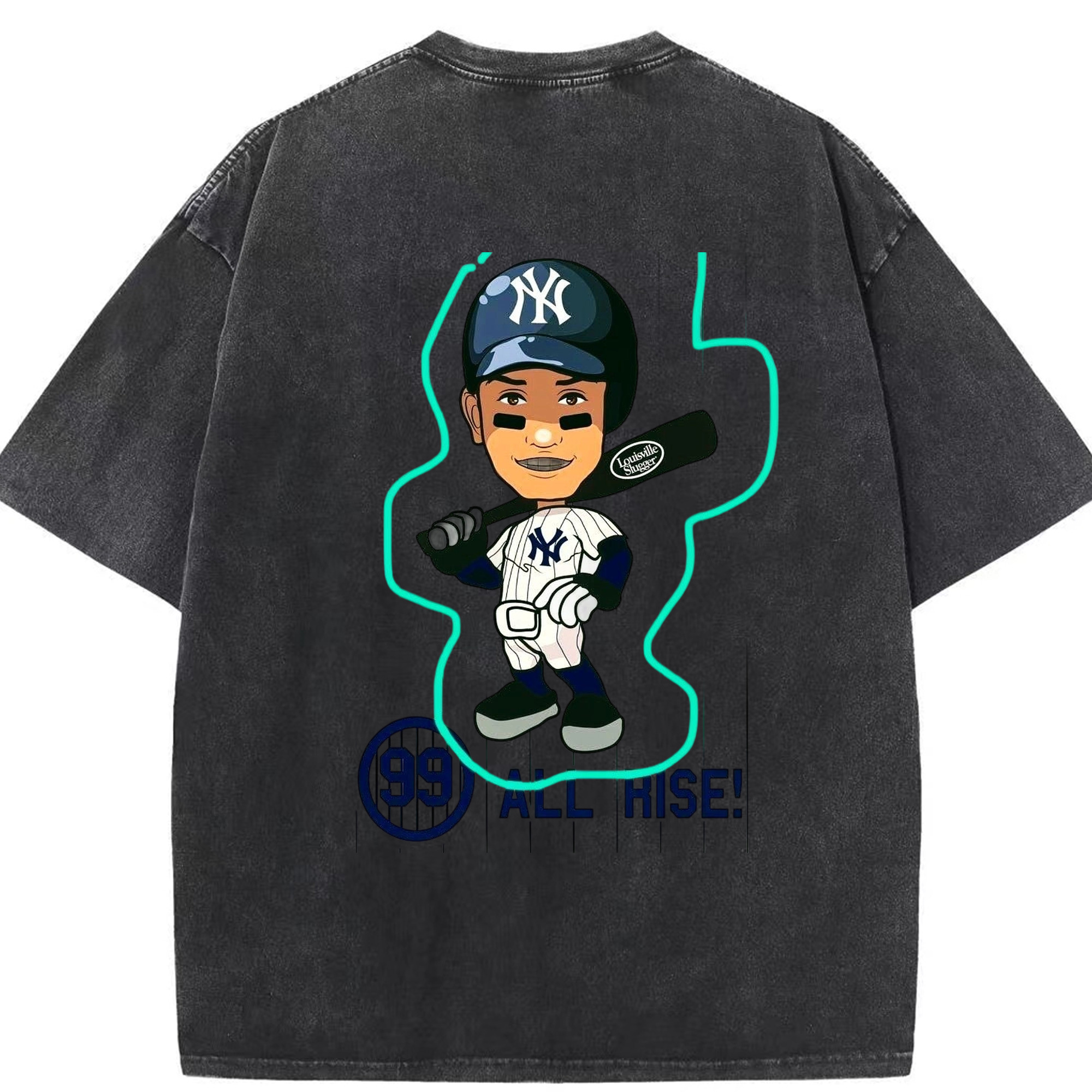 Aaron Judge 99 All Rise Cartoon Washed Vintage 230g Cotton Oversized T-Shirt With Back Heat Transfer Print – Soft, Lightweight & Stylish – Comfortable Casual Wear For Sports & Everyday Use