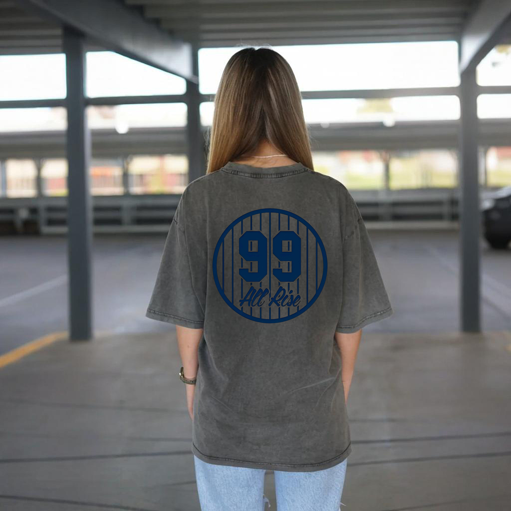 All Rice 99 Aaron Judge Pinstripe Number Washed Vintage 230g Cotton Oversized T-Shirt With Back Heat Transfer Print – Soft, Lightweight & Stylish – Comfortable Casual Wear For Sports & Everyday Use