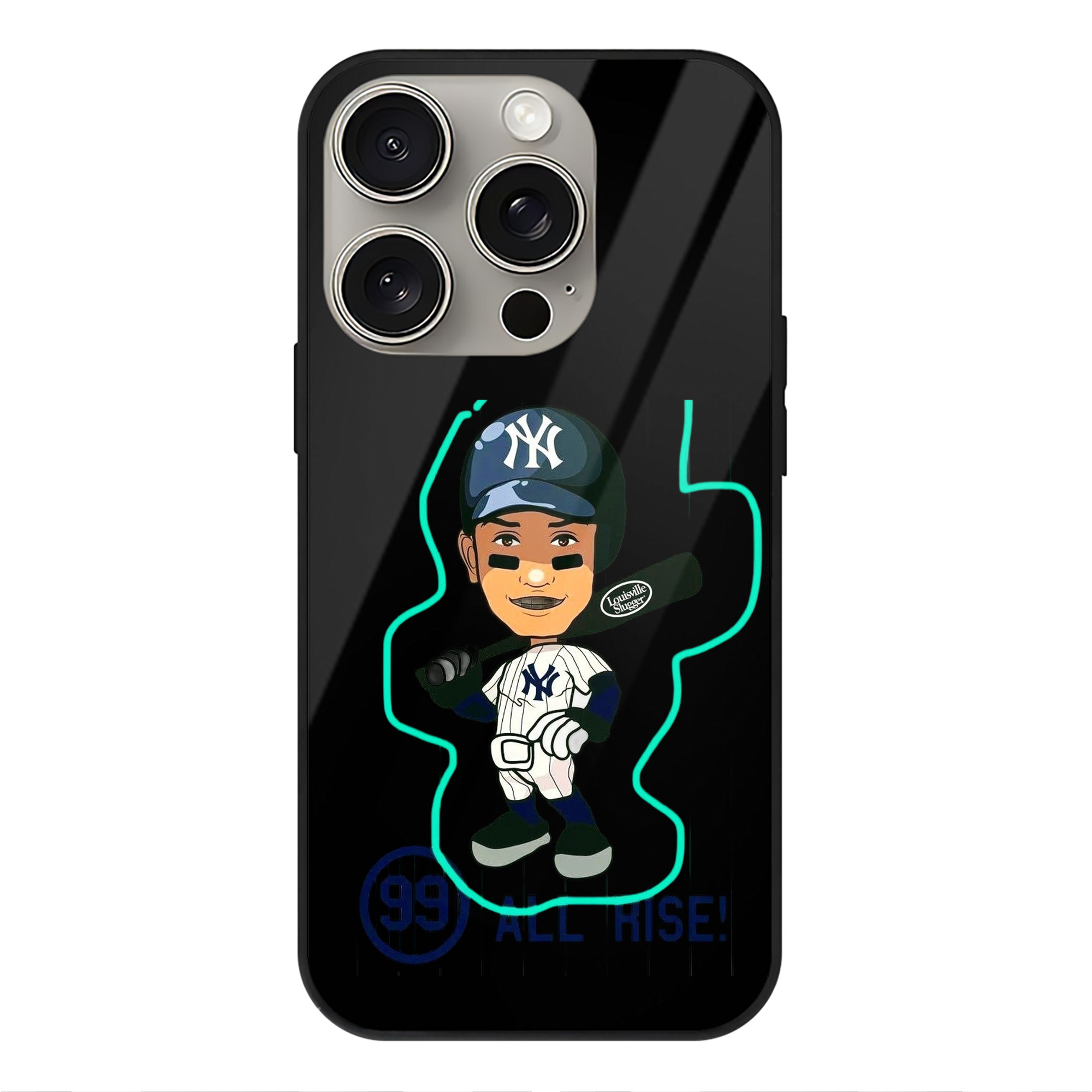 Aaron Judge 99 All Rise Cartoon IPhone 15 Pro Mirror Phone Case – UV Printed Glass + TPU – Scratch-Resistant, Wireless Charging Compatible, Precise Fit & Stylish Design