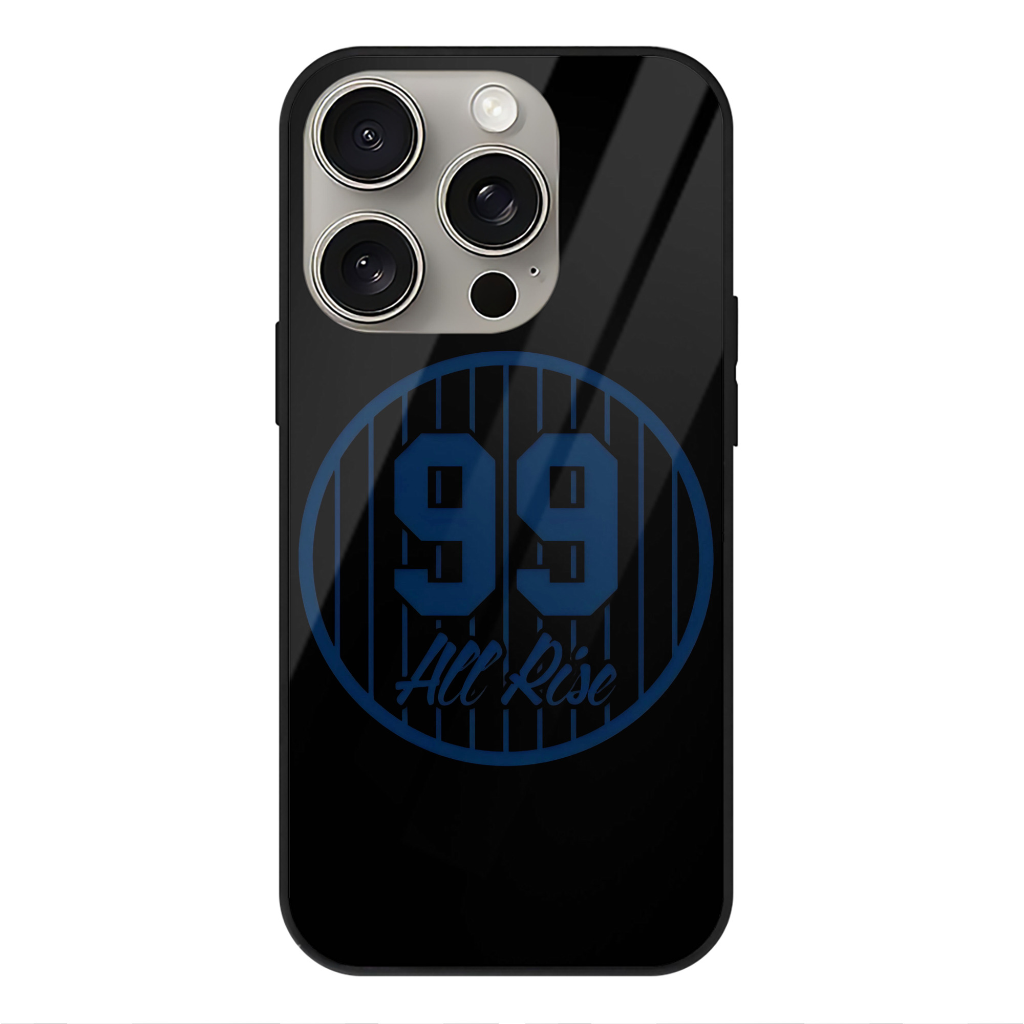 All Rice 99 Aaron Judge Pinstripe Number IPhone 15 Pro Mirror Phone Case – UV Printed Glass + TPU – Scratch-Resistant, Wireless Charging Compatible, Precise Fit & Stylish Design