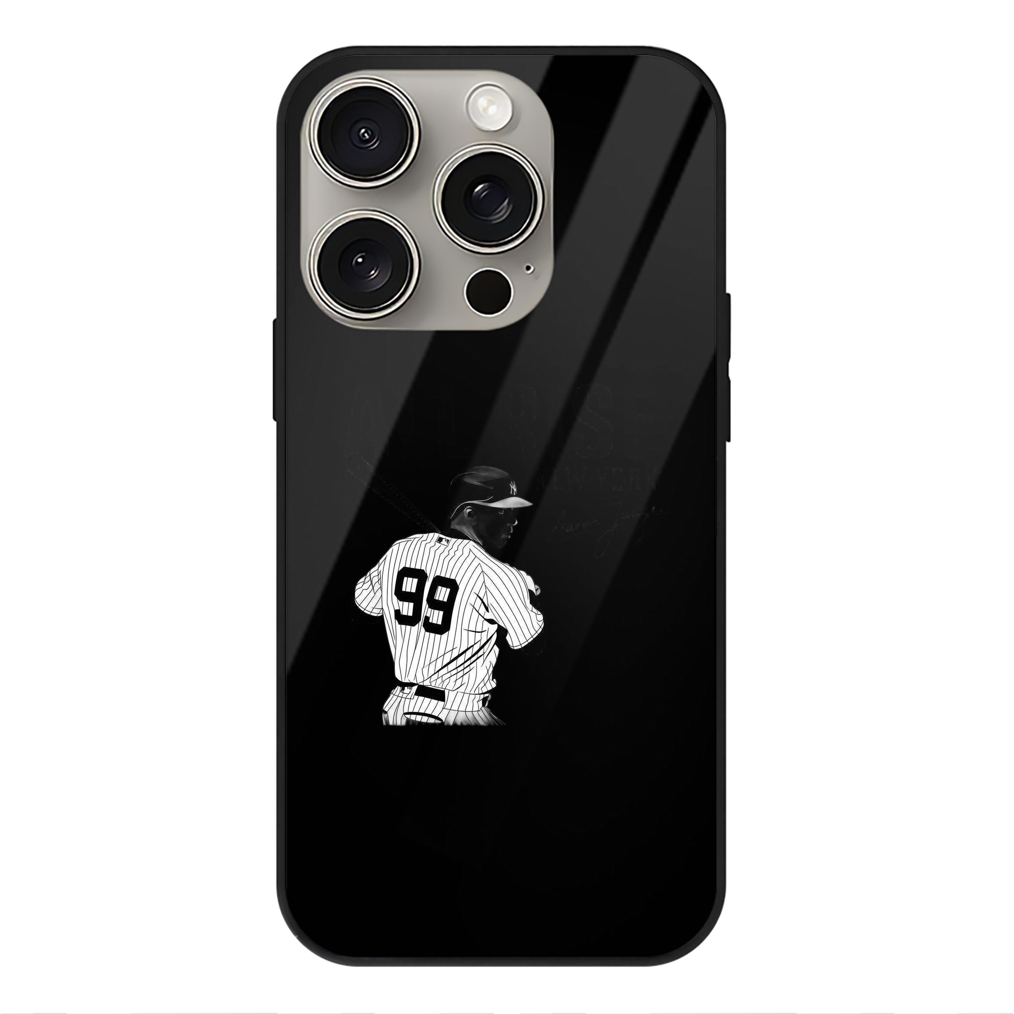 All Rise New York Aaron Judge 99 IPhone 15 Pro Mirror Phone Case – UV Printed Glass + TPU – Scratch-Resistant, Wireless Charging Compatible, Precise Fit & Stylish Design