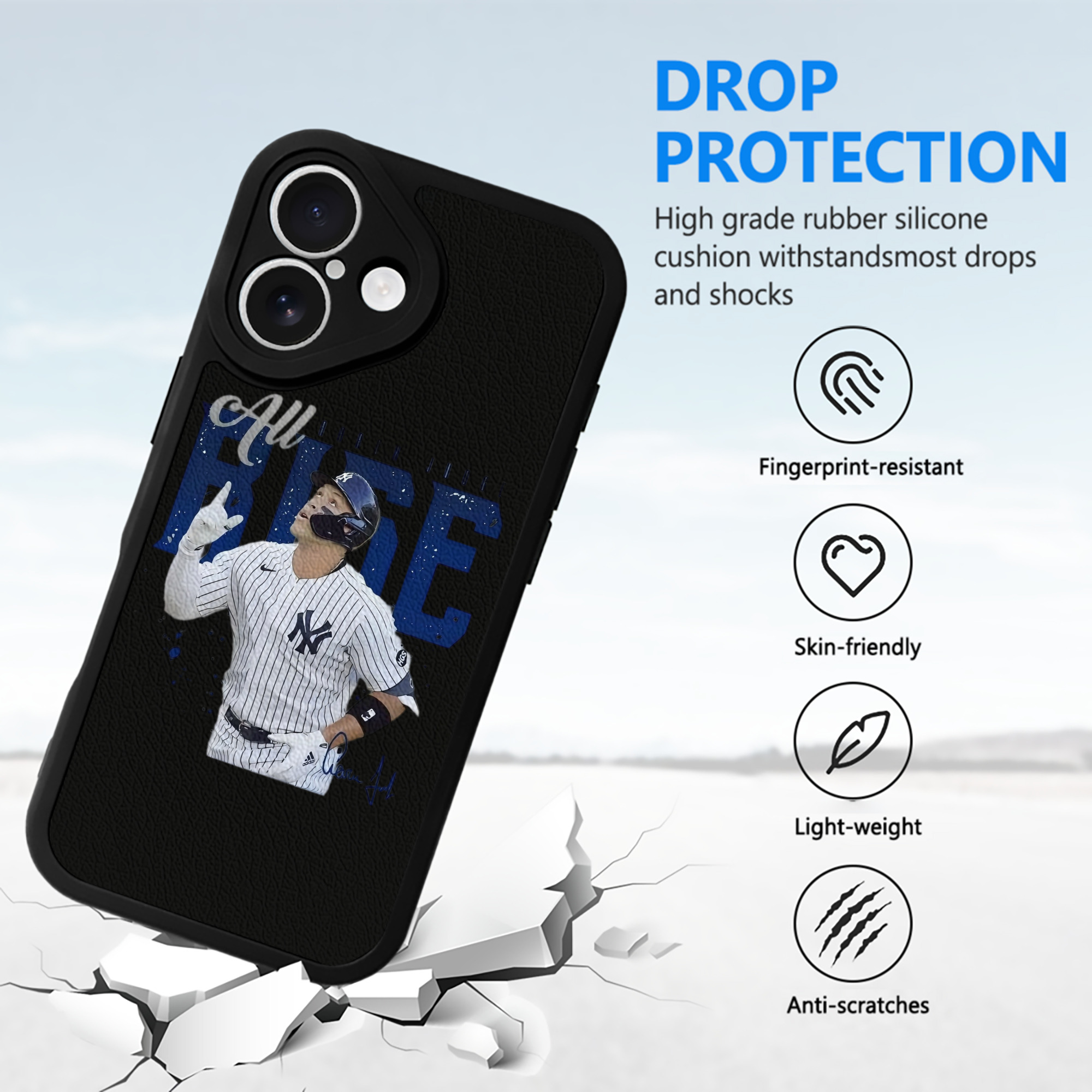 Aaron Judge 99 All Rise IPhone 16 Silicone Leather Case – UV Print, Lambskin Texture – Perfect Fit, Wireless Charging Compatible, Scratch Resistant, Precise Cutouts – Stylish Protection For IPhone 16