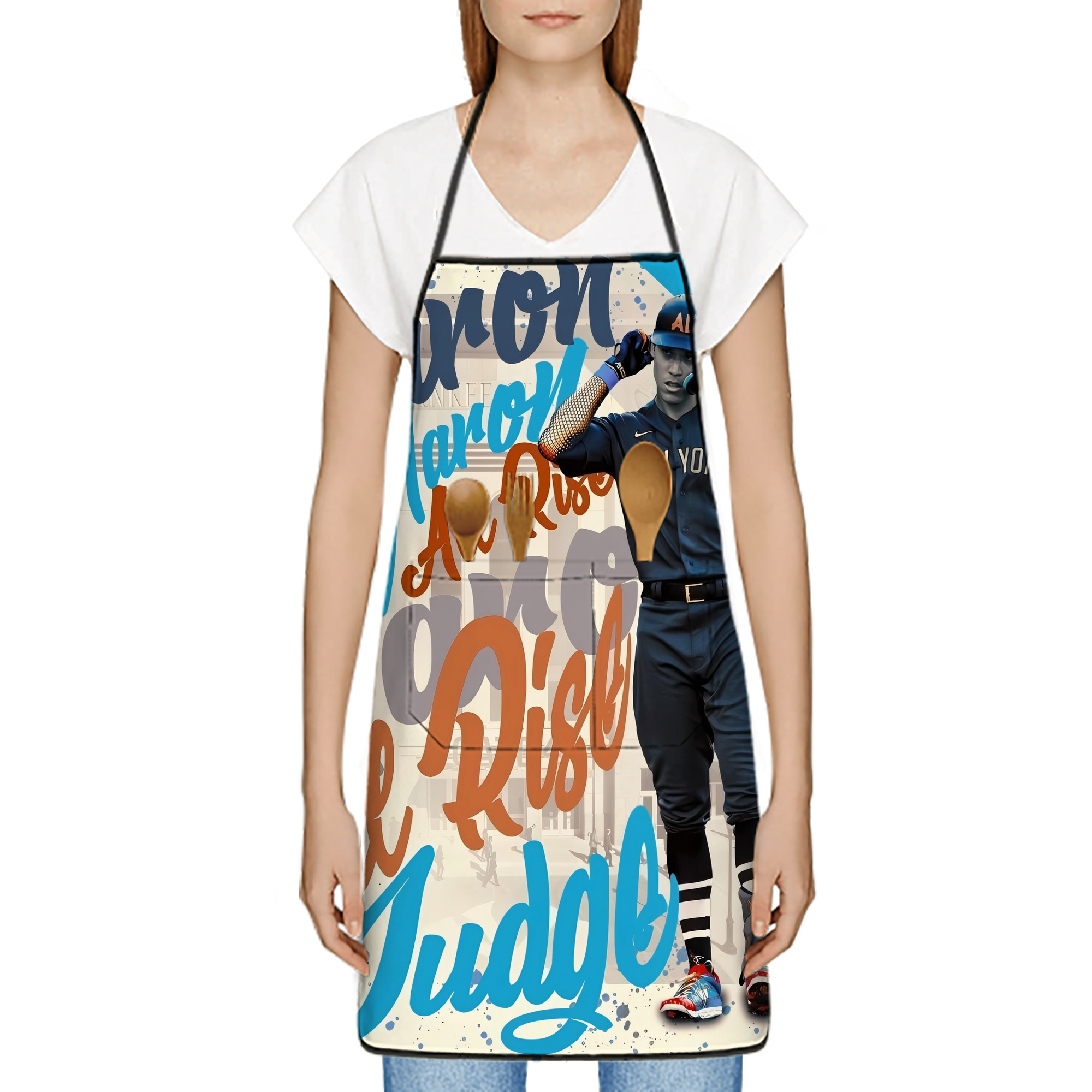 Aaron Judge 99 All Rise Stain-Resistant Polyester Apron With Pocket – Full Print, Waterproof, Anti-Wrinkle, Anti-Pilling – Ideal For Kitchen, BBQ, Restaurant, Salon & More