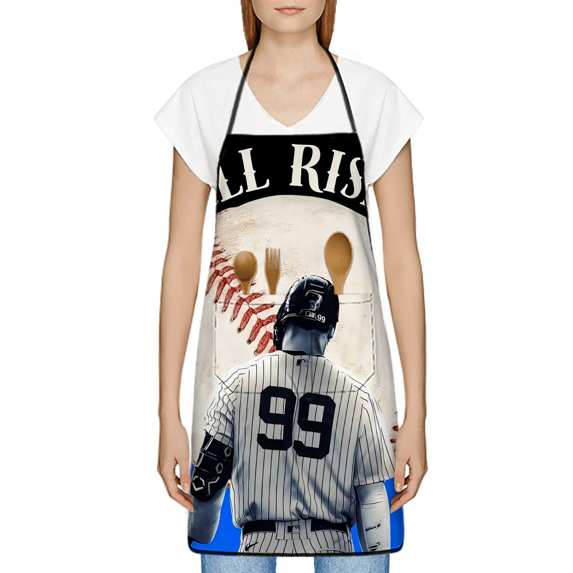 Aaron Judge 99 All Rise Stain-Resistant Polyester Apron With Pocket – Full Print, Waterproof, Anti-Wrinkle, Anti-Pilling – Ideal For Kitchen, BBQ, Restaurant, Salon & More