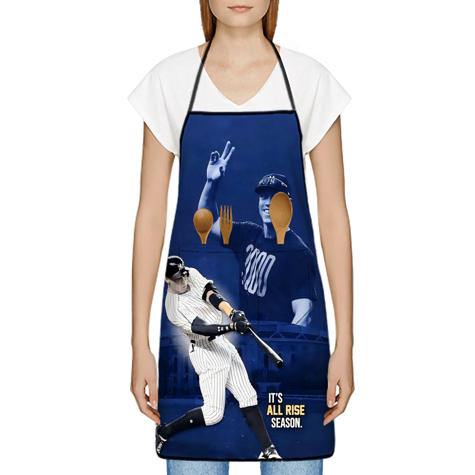 Aaron Judge It‘s All Rise Season Stain-Resistant Polyester Apron With Pocket – Full Print, Waterproof, Anti-Wrinkle, Anti-Pilling – Ideal For Kitchen, BBQ, Restaurant, Salon & More