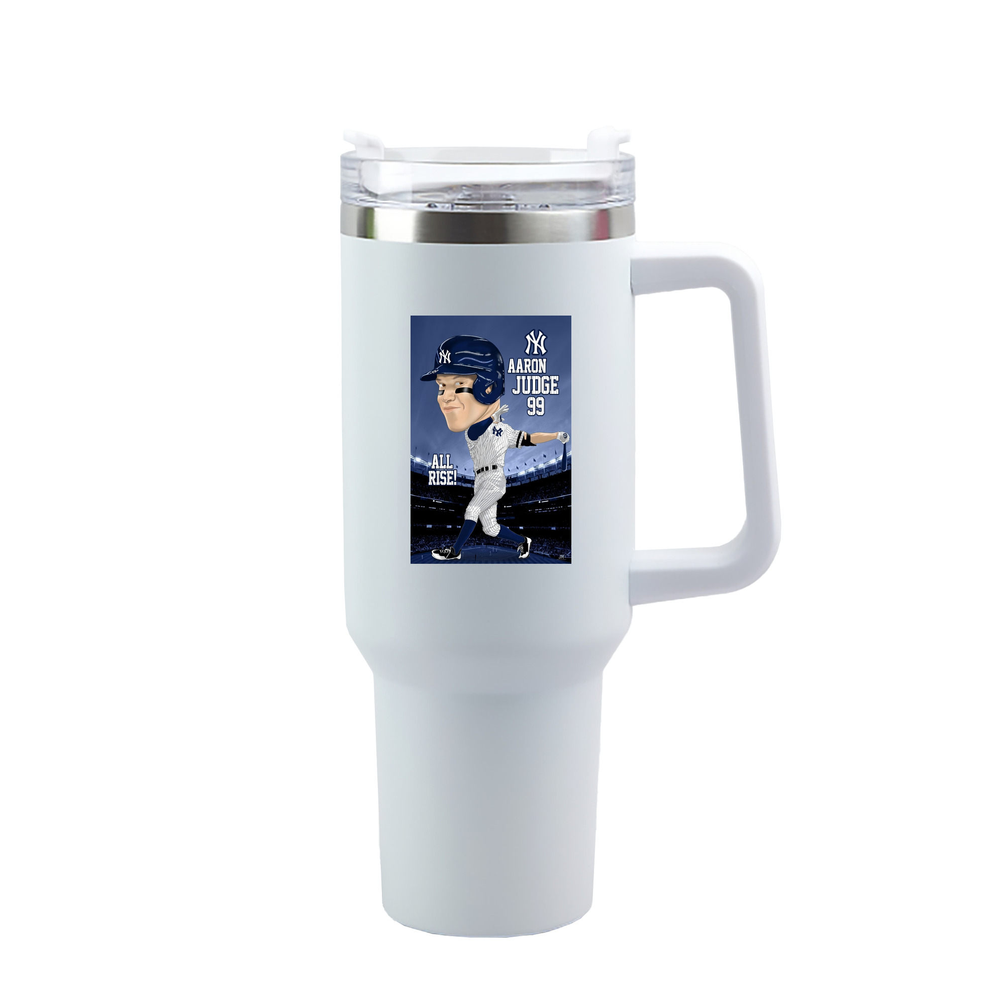 Aaron Judge 99 All Rise Cartoon 40oz Handle Car Tumbler – Durable Stainless Steel Travel Mug With UV Print – Double Wall Insulated, Fits Most Car Cup Holders