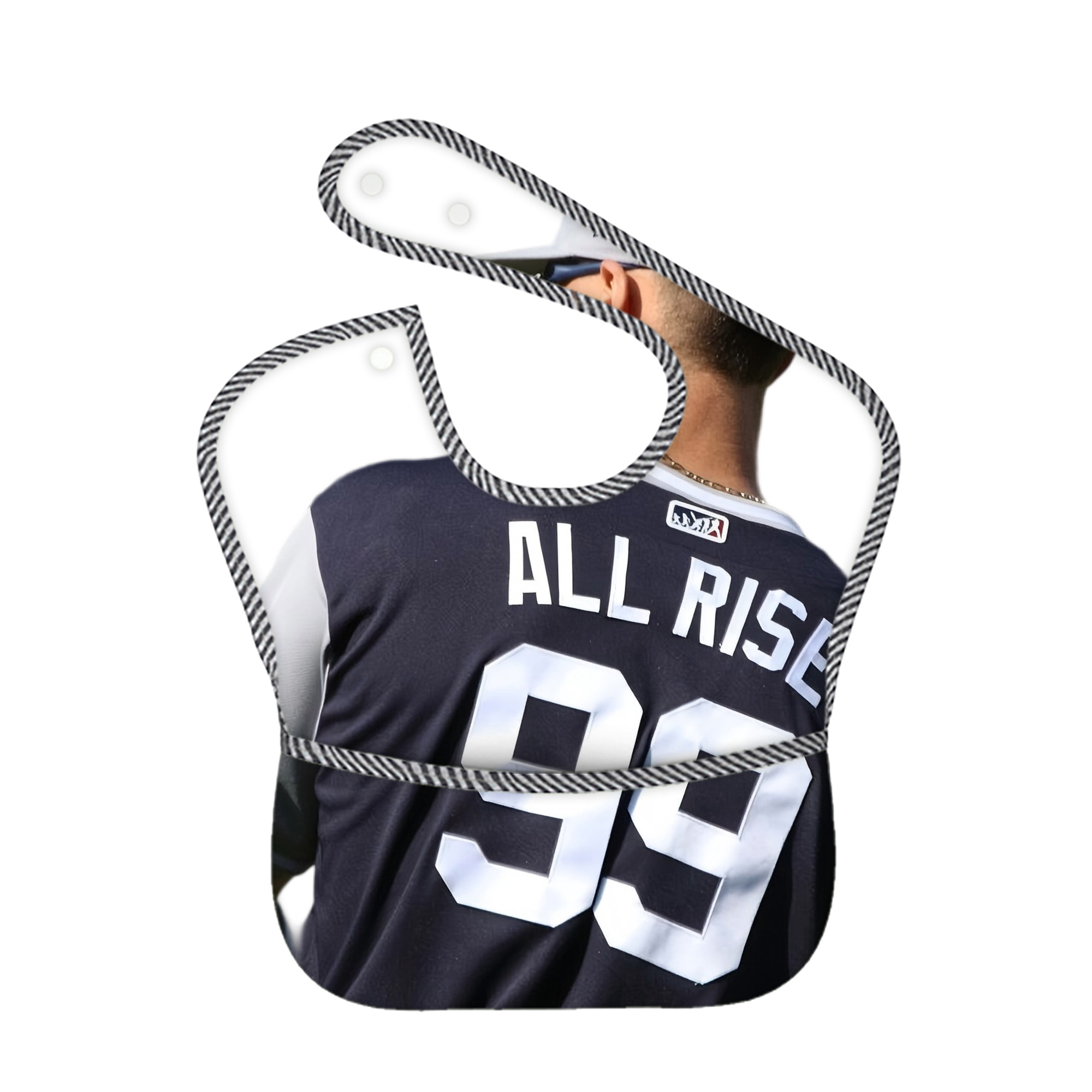 Aaron Judge 99 All Rise Adjustable Waterproof Toddler Bib – Full-Print Durable Polyester – Foldable Crumb Pocket – Easy Snap Closure – Soft