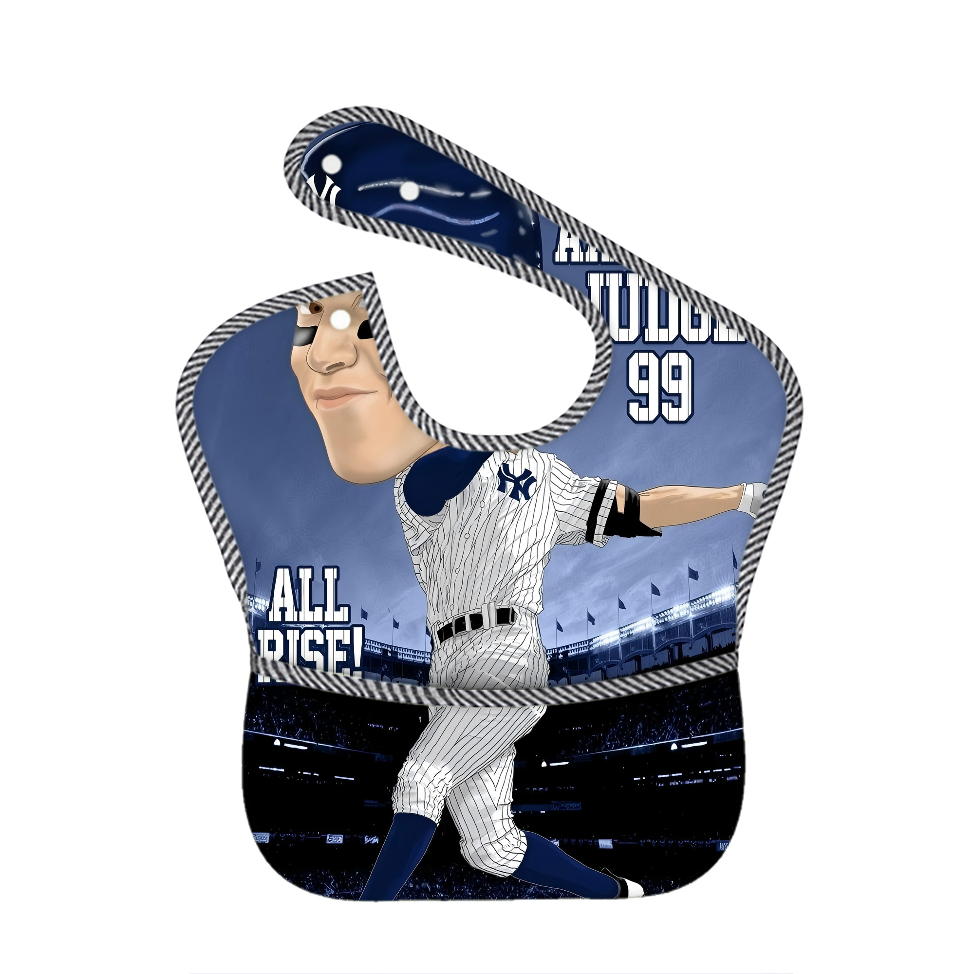 Aaron Judge 99 All Rise Cartoon Adjustable Waterproof Toddler Bib – Full-Print Durable Polyester – Foldable Crumb Pocket – Easy Snap Closure – Soft