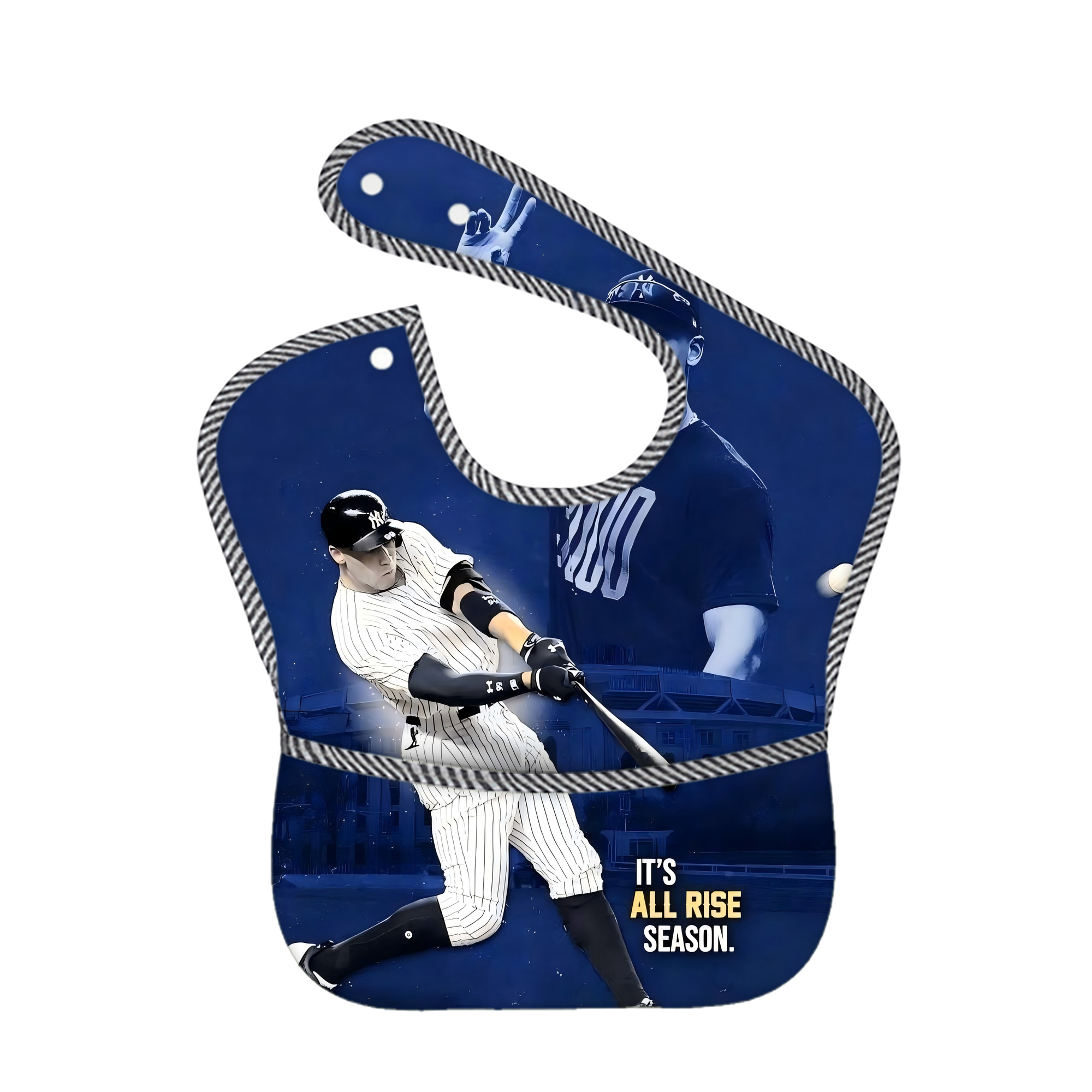 Aaron Judge It‘s All Rise Season Adjustable Waterproof Toddler Bib – Full-Print Durable Polyester – Foldable Crumb Pocket – Easy Snap Closure – Soft