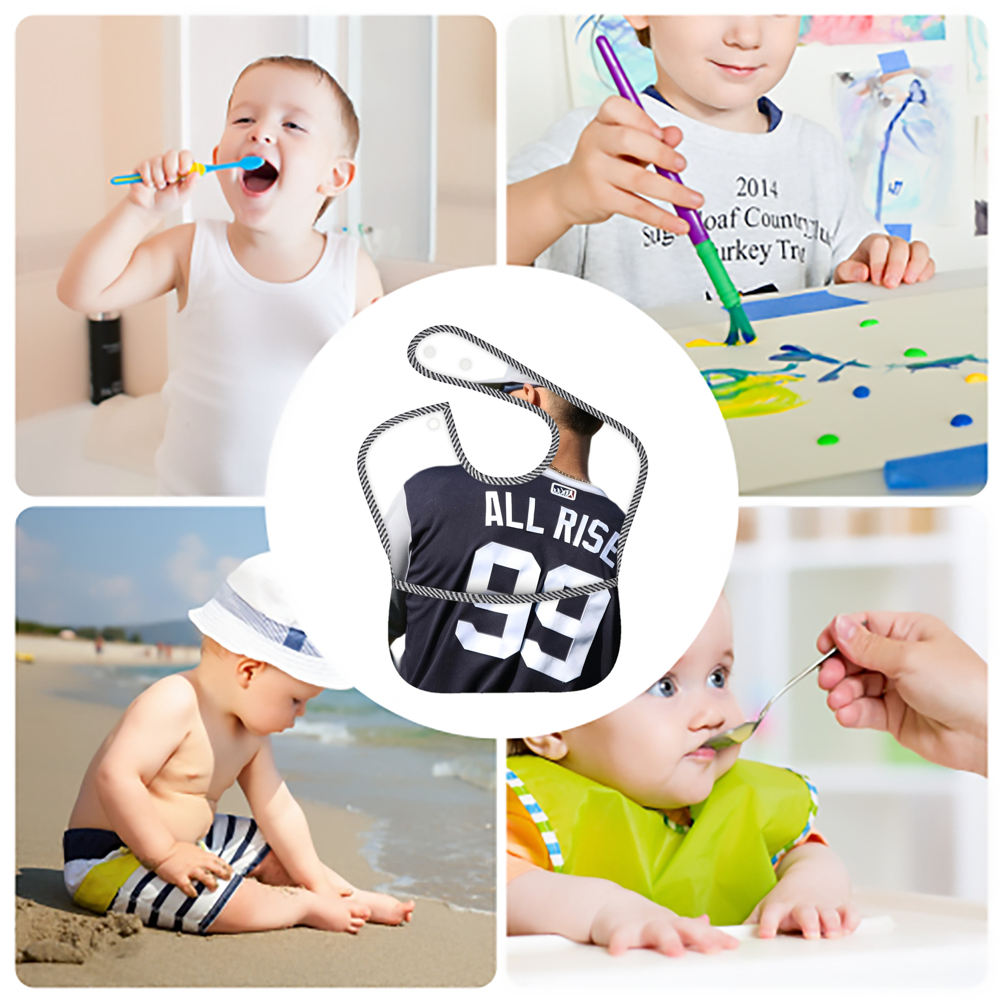 Aaron Judge 99 All Rise Adjustable Waterproof Toddler Bib – Full-Print Durable Polyester – Foldable Crumb Pocket – Easy Snap Closure – Soft