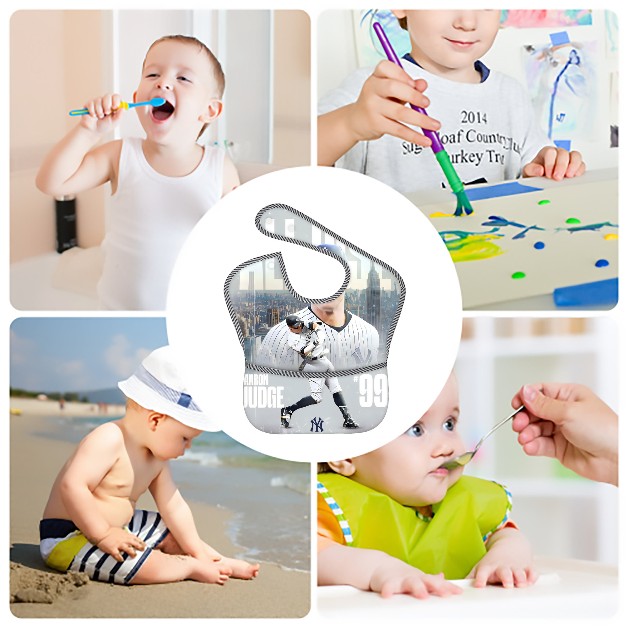 Aaron Judge 99 All Rise Adjustable Waterproof Toddler Bib – Full-Print Durable Polyester – Foldable Crumb Pocket – Easy Snap Closure – Soft