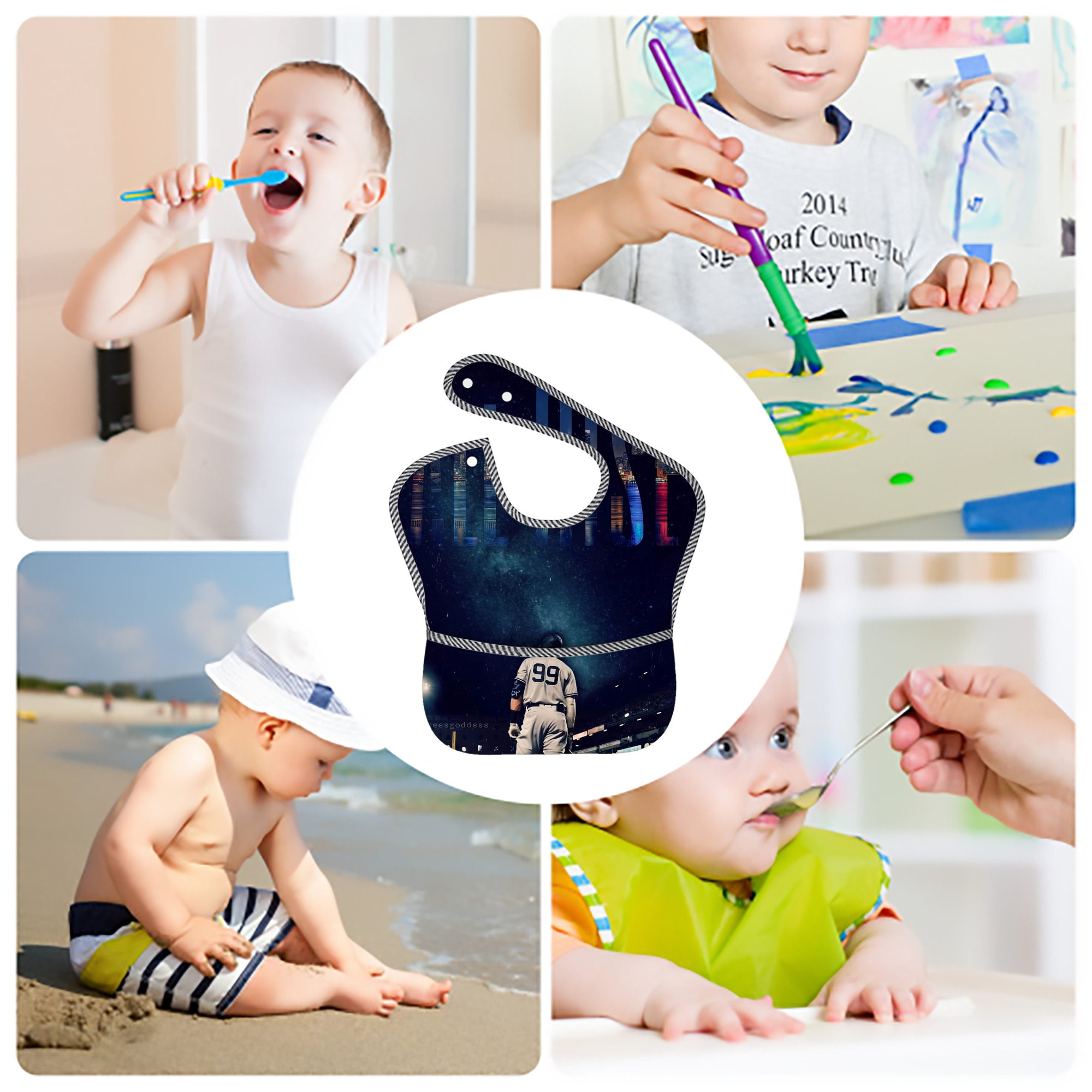 Aaron Judge 99 All Rise Adjustable Waterproof Toddler Bib – Full-Print Durable Polyester – Foldable Crumb Pocket – Easy Snap Closure – Soft