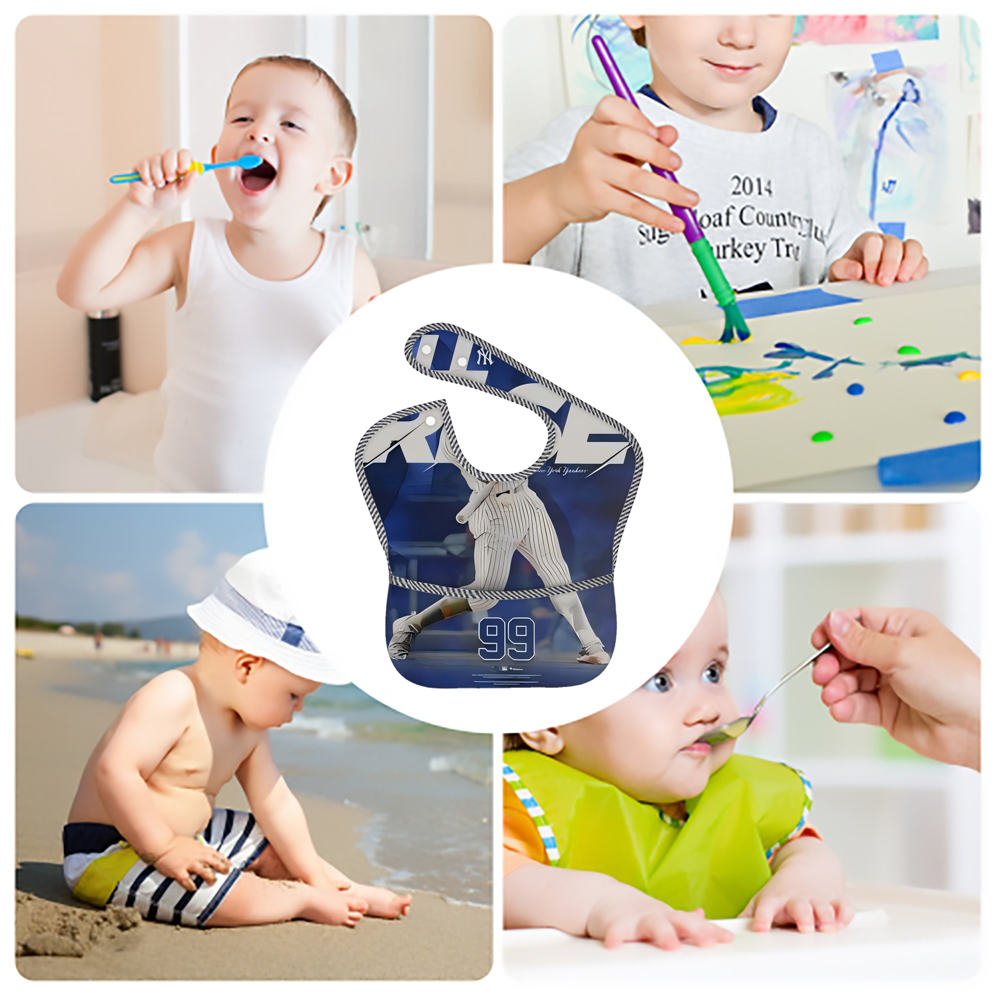 Aaron Judge 99 All Rise Adjustable Waterproof Toddler Bib – Full-Print Durable Polyester – Foldable Crumb Pocket – Easy Snap Closure – Soft