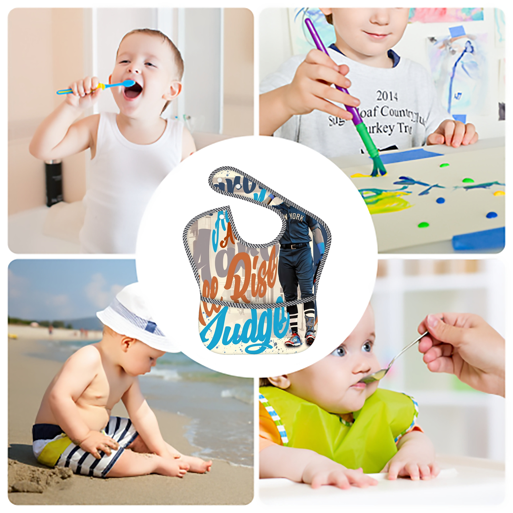 Aaron Judge 99 All Rise Adjustable Waterproof Toddler Bib – Full-Print Durable Polyester – Foldable Crumb Pocket – Easy Snap Closure – Soft