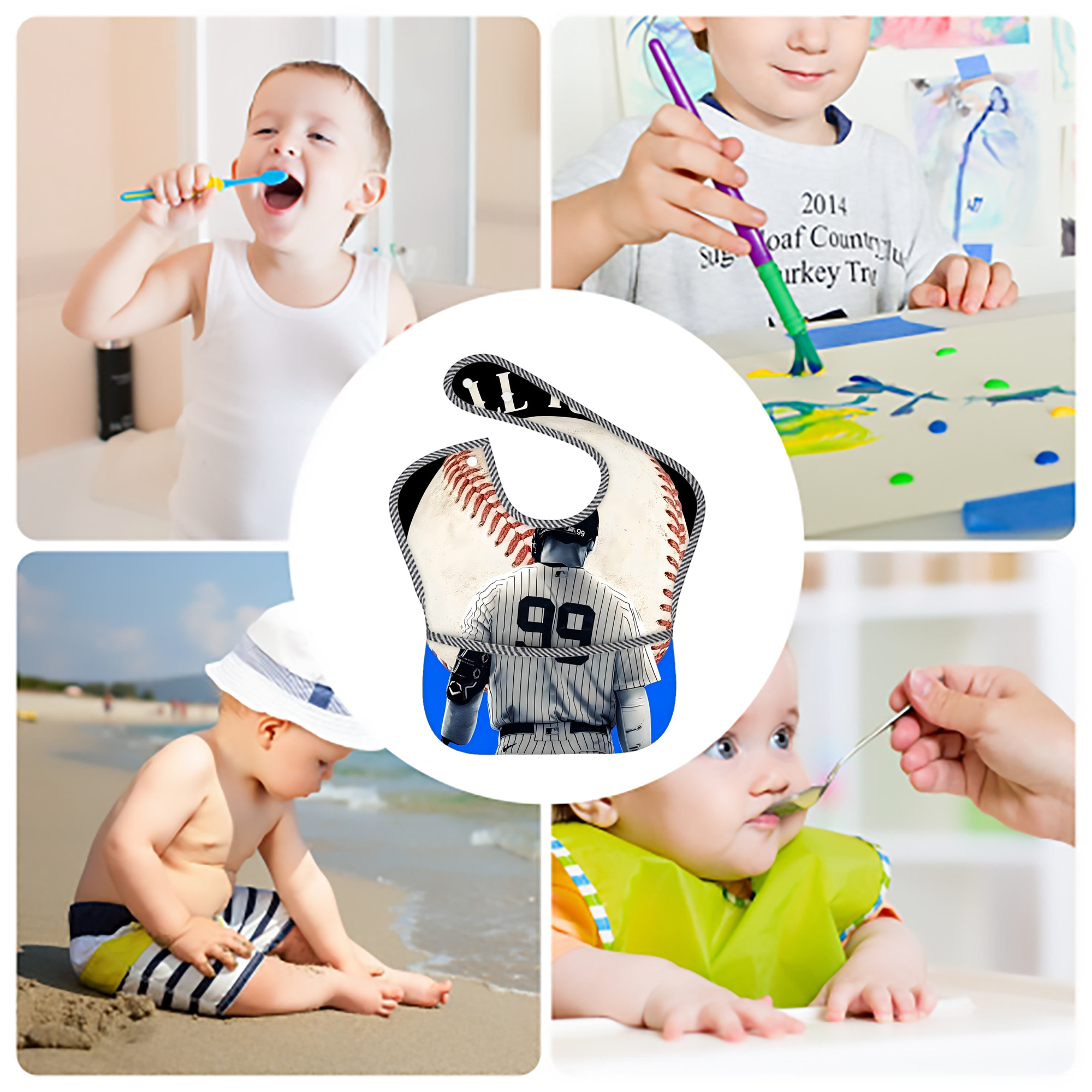 Aaron Judge 99 All Rise Adjustable Waterproof Toddler Bib – Full-Print Durable Polyester – Foldable Crumb Pocket – Easy Snap Closure – Soft