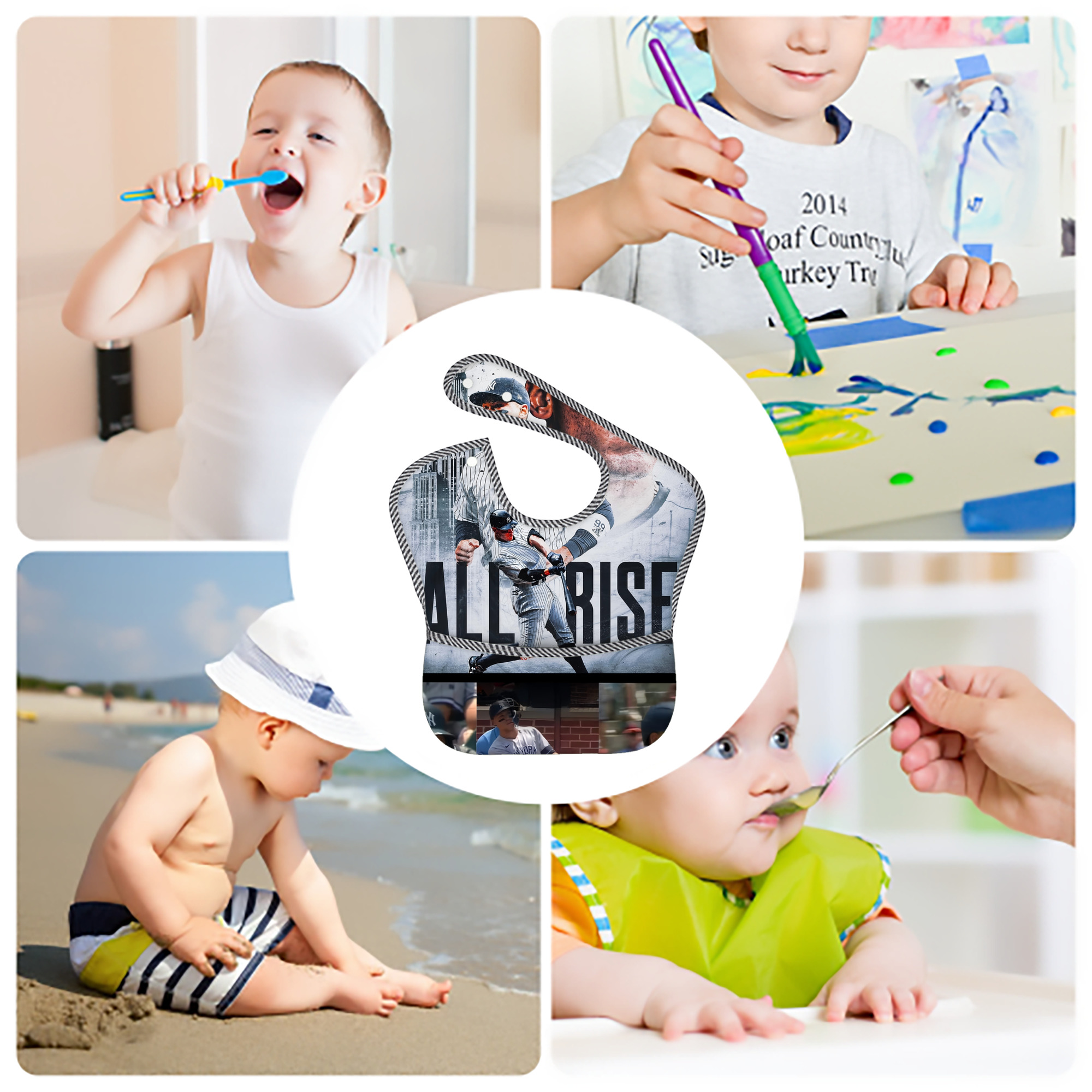 Aaron Judge 99 All Rise Adjustable Waterproof Toddler Bib – Full-Print Durable Polyester – Foldable Crumb Pocket – Easy Snap Closure – Soft