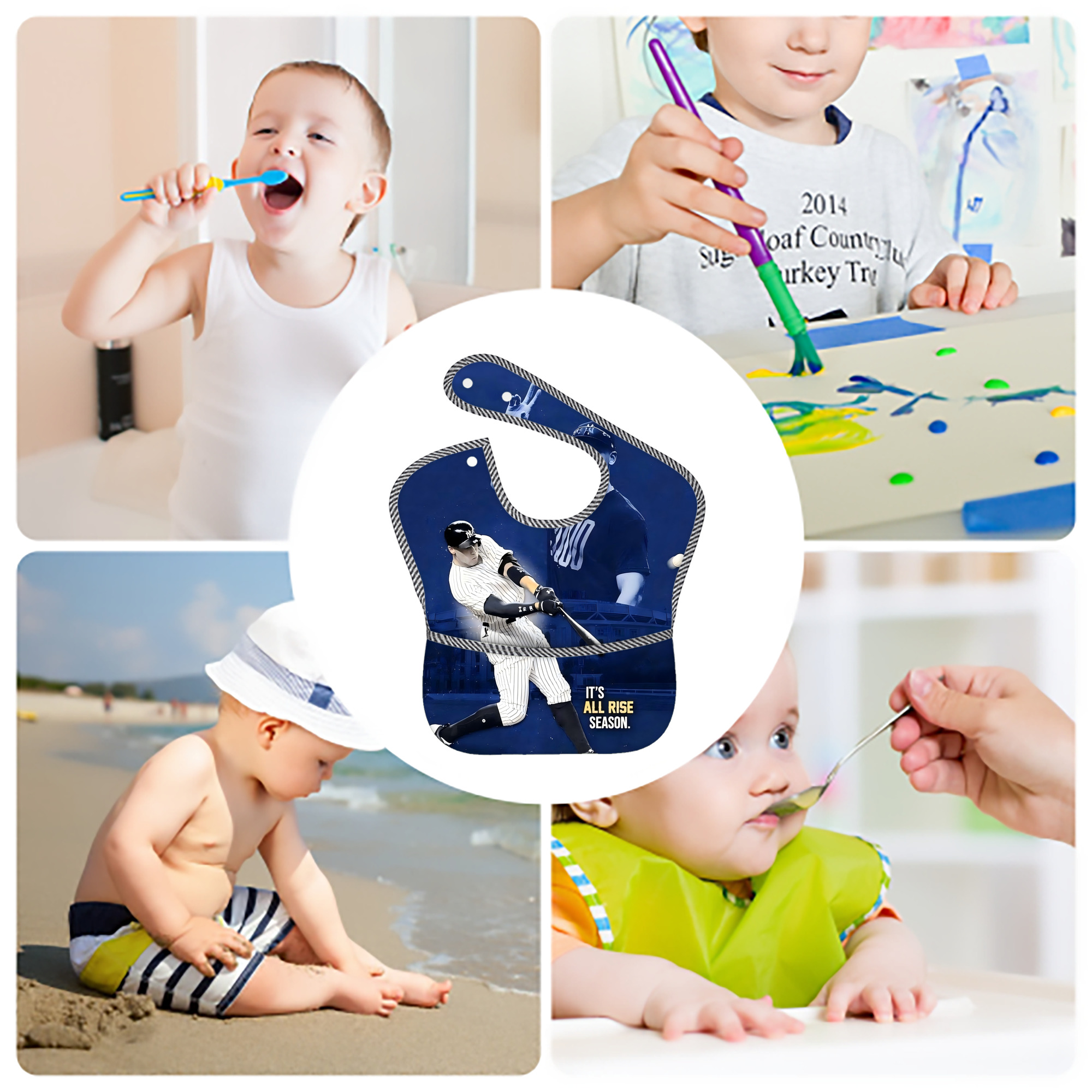 Aaron Judge It‘s All Rise Season Adjustable Waterproof Toddler Bib – Full-Print Durable Polyester – Foldable Crumb Pocket – Easy Snap Closure – Soft